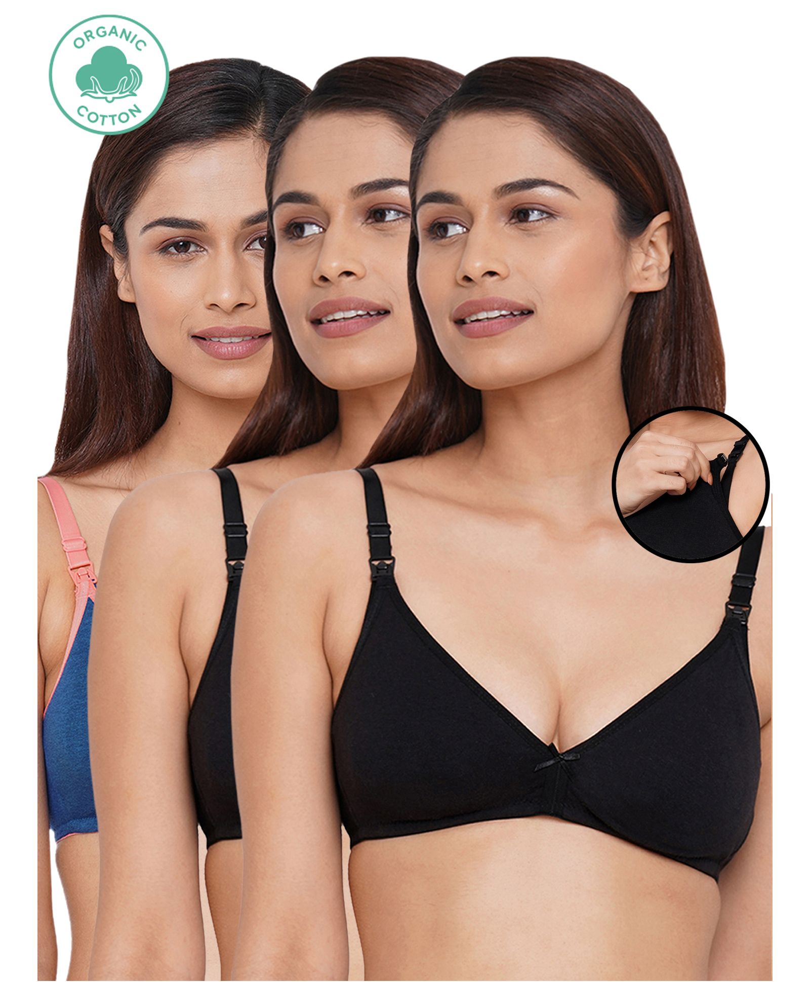 Inner Sense Pack Of 3 Organic Cotton Antimicrobial Solid Colour Nursing Bra - Blue & Black-image-41