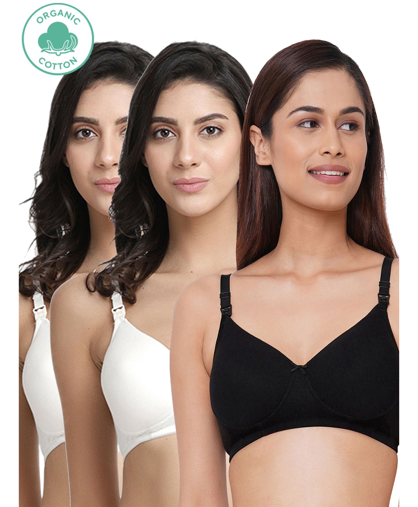 Inner Sense Pack Of 3 Solid Organic Cotton Antimicrobial Padded Non Wired Feeding Bra - White-image-43