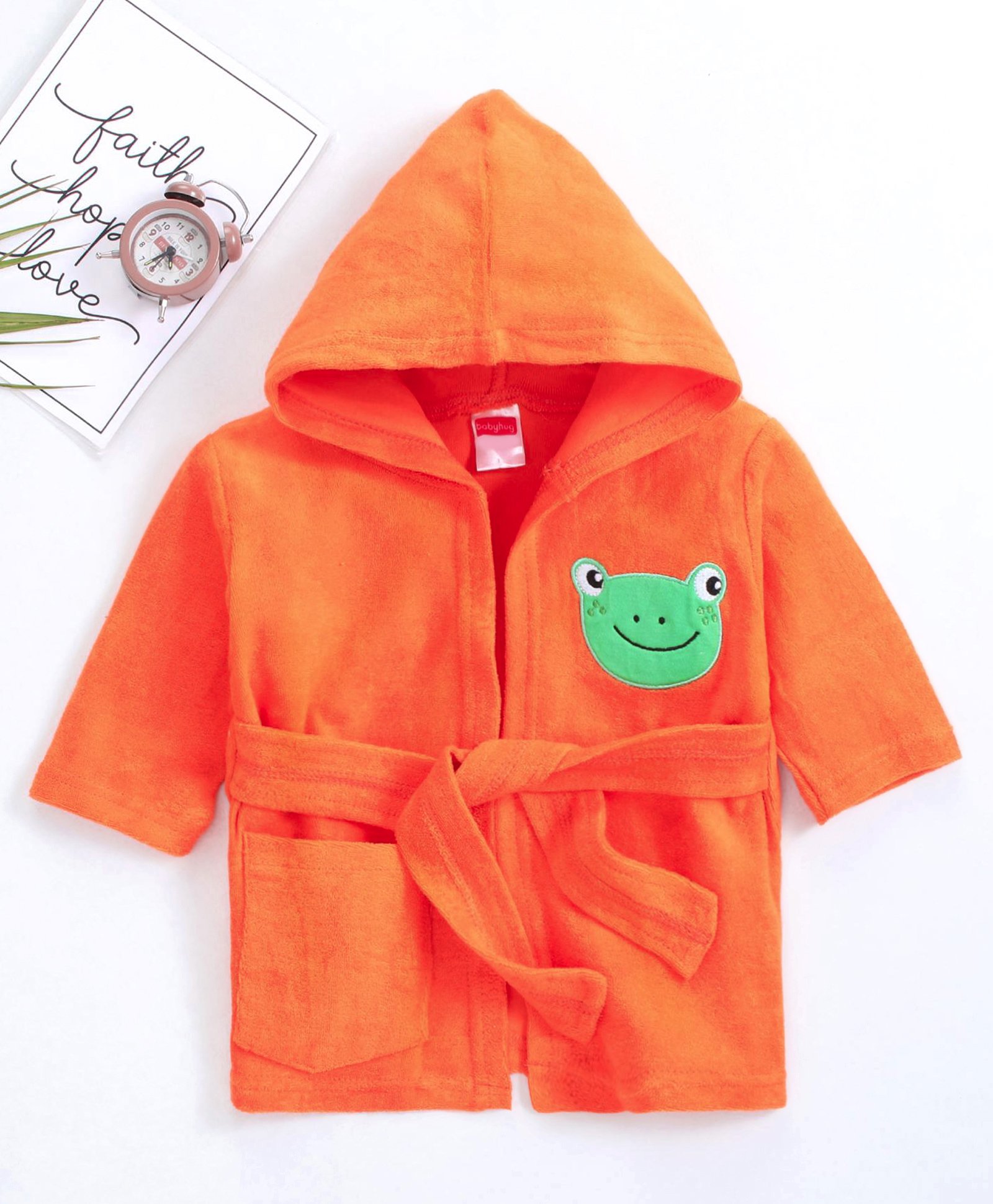 Babyhug Three Fourth Sleeves Hooded Bath Robe Frog Embroidery - Orange-image-36