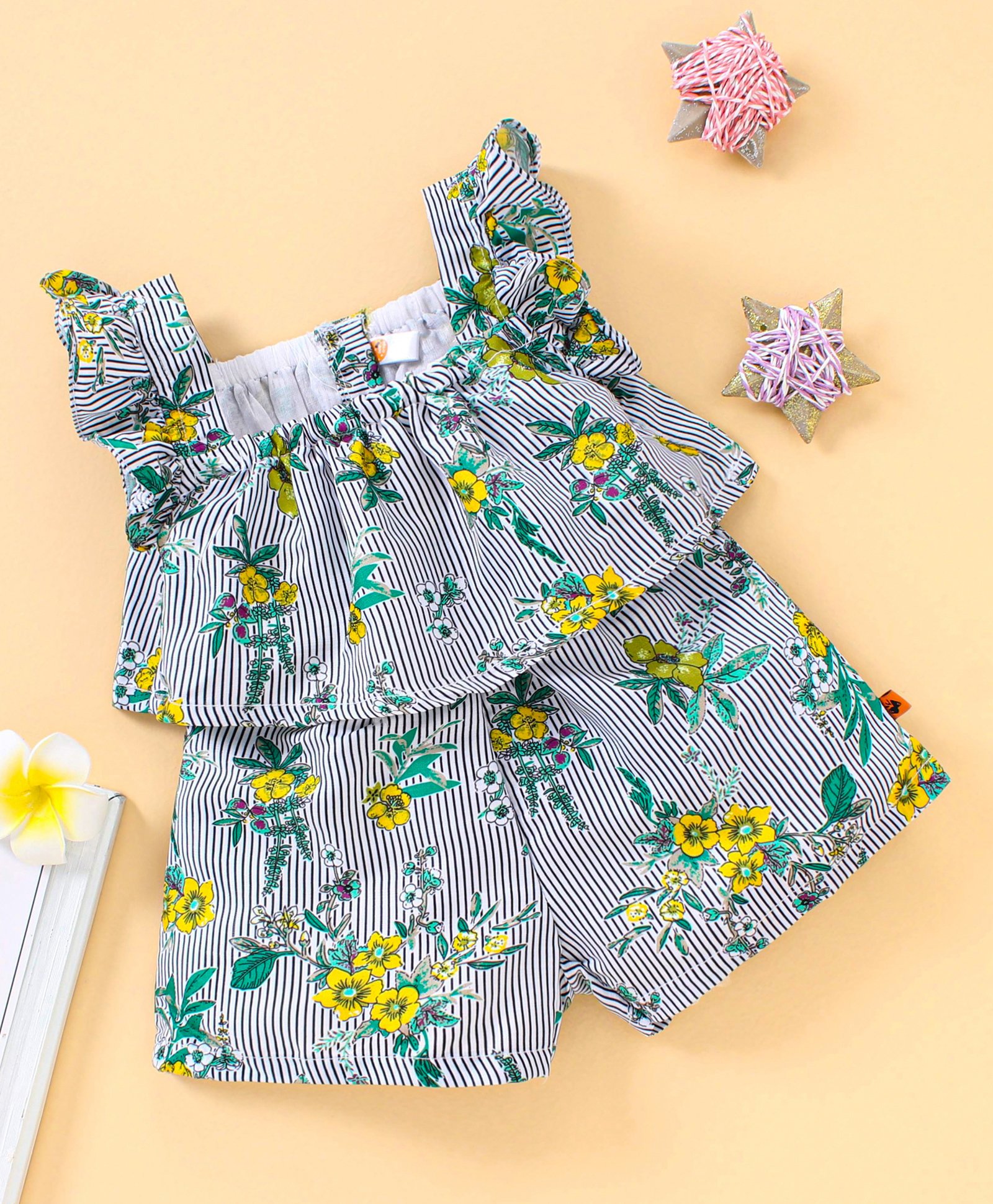 Dew Drops Sleeveless Night Suit Floral Print - Yellow-image-37