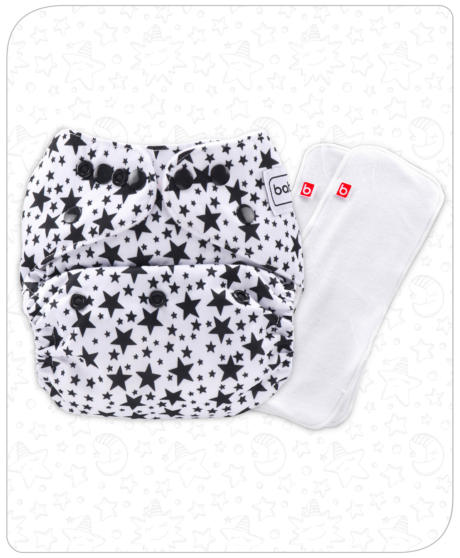 Babyhug Free Size Reusable Cloth Diaper Star Print With 2 Smart Dry Inserts - White-image-45