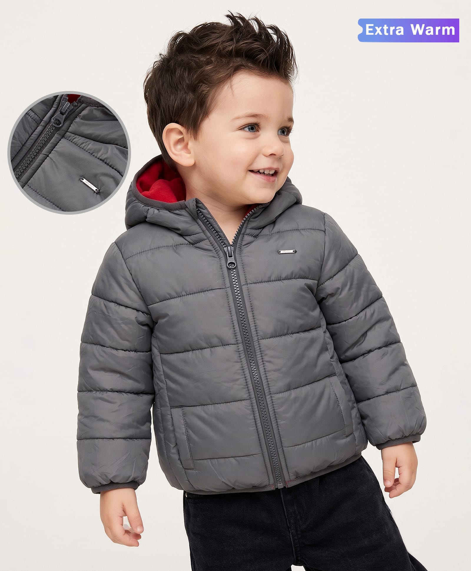 Babyoye Full Sleeves Polyester Hooded Padded Jacket - Grey-picture-14