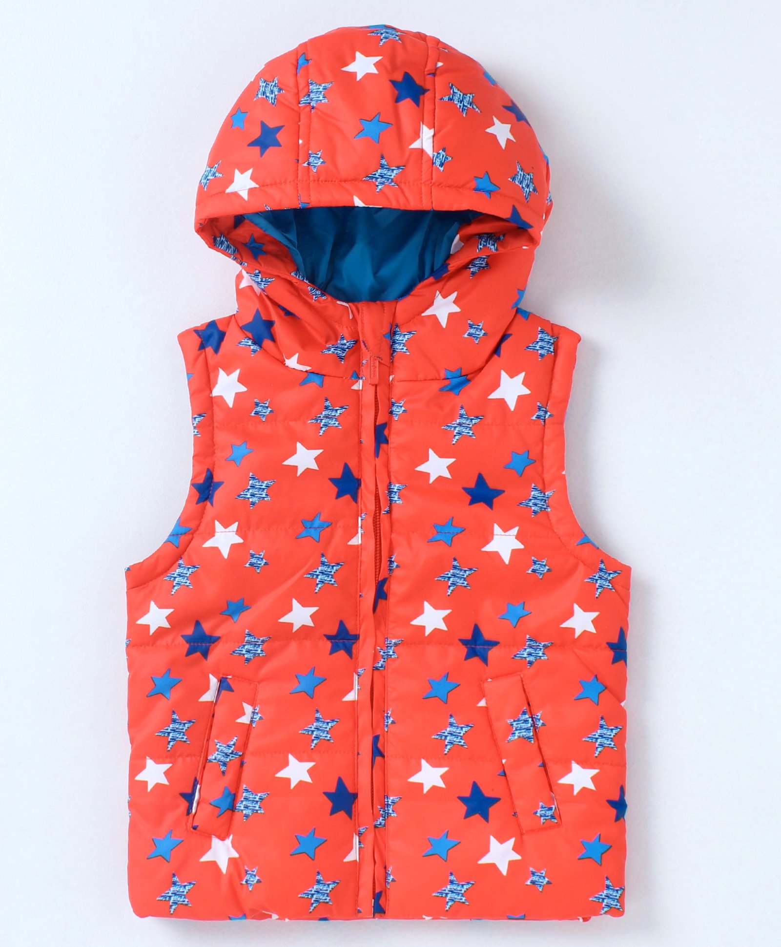 Babyhug Sleeveless Star Printed Hooded Jacket - Orange-image-10