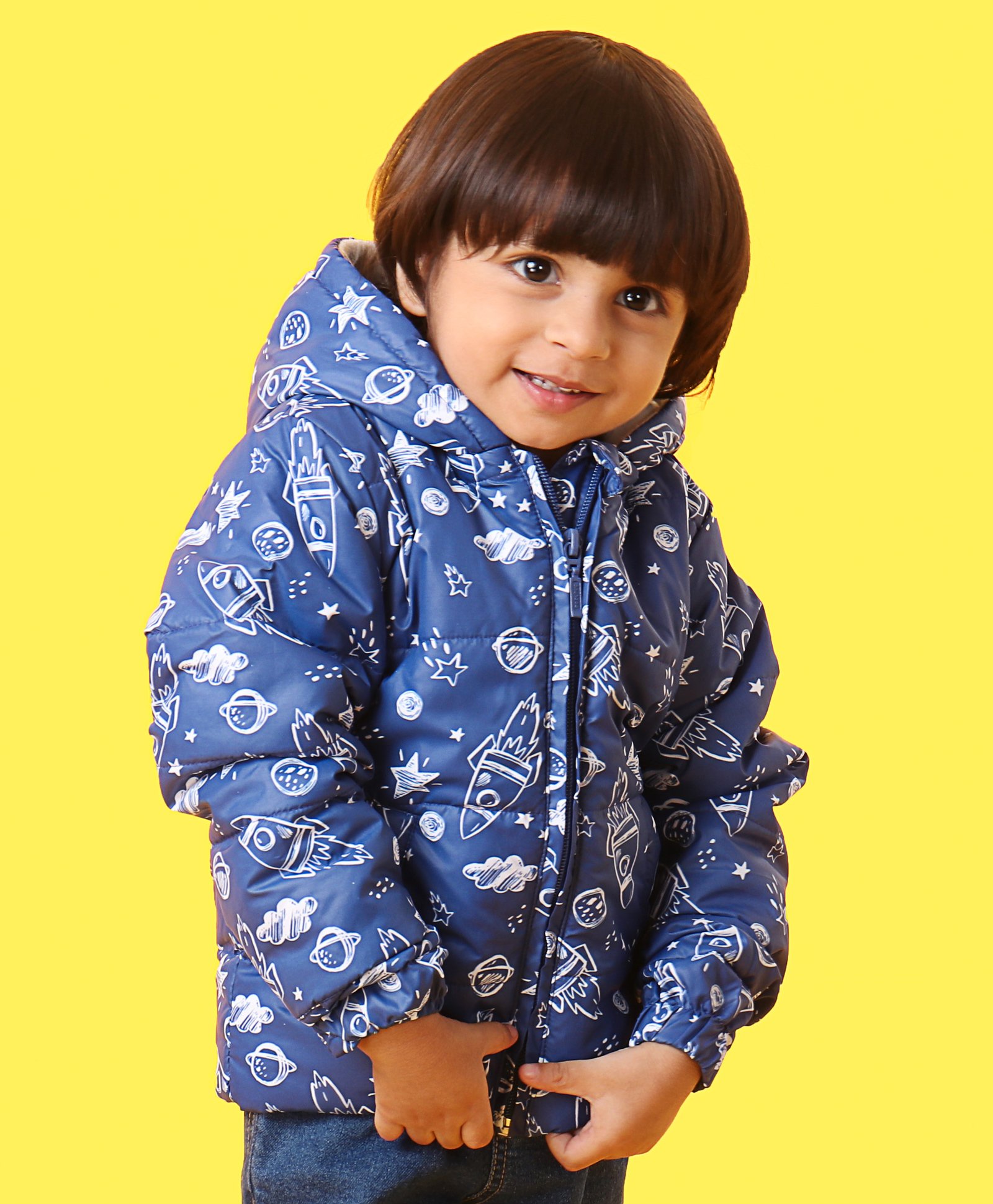 Babyhug Full Sleeves Padded Jacket Space Print - Blue-image-4