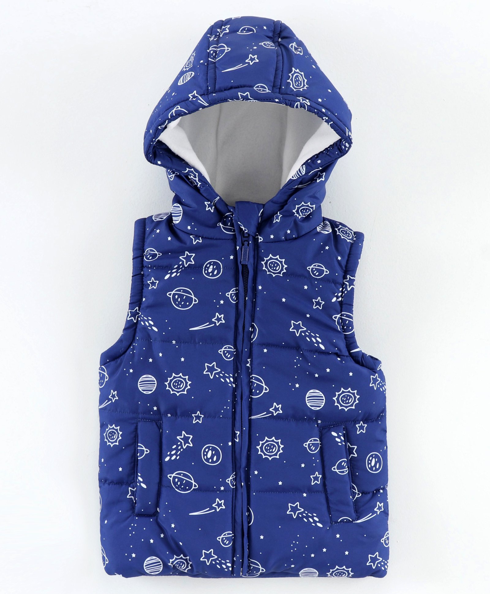 Babyhug Sleeveless Jacket with Hood Space Print - Blue-picture-19