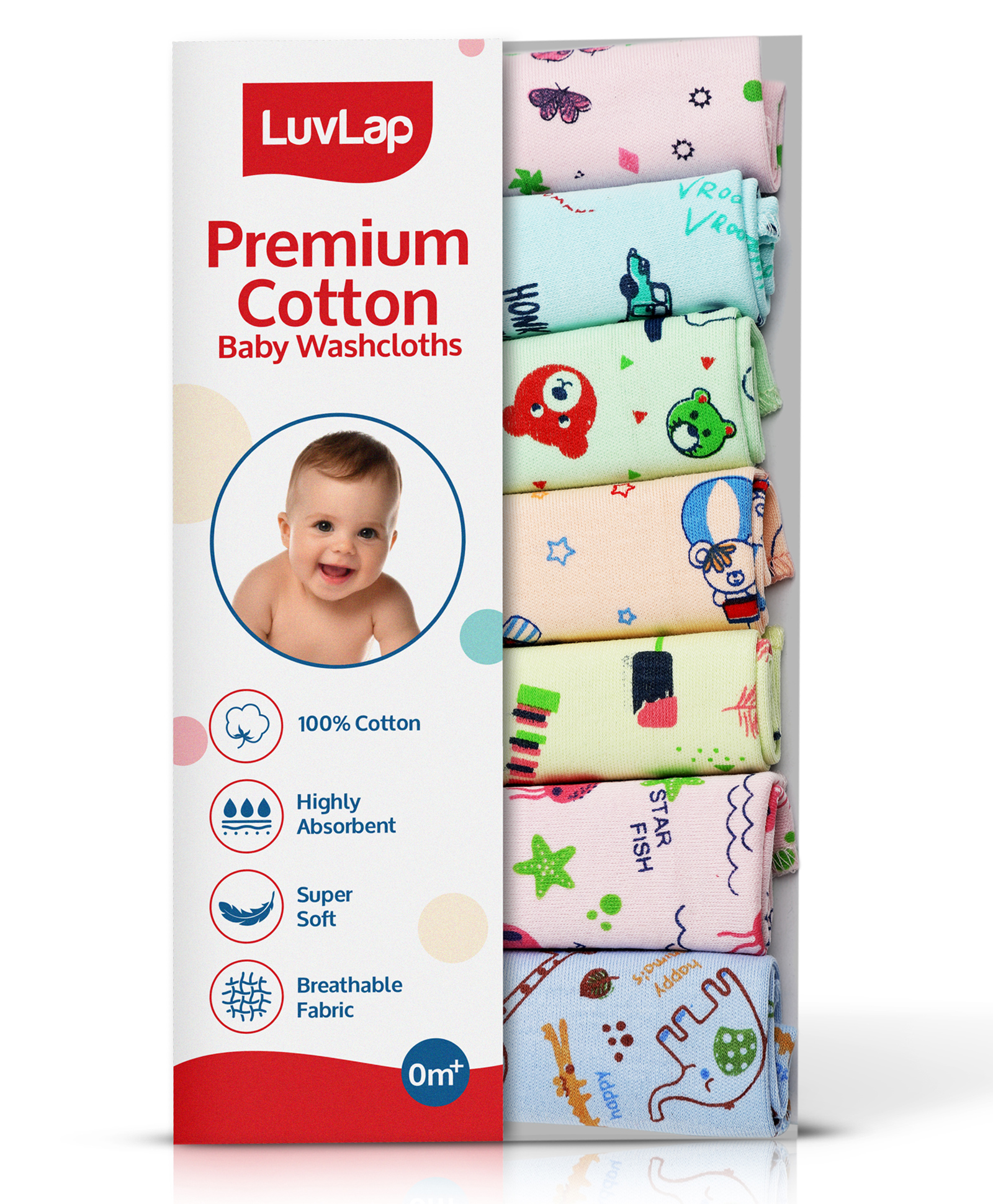 LuvLap Cotton Starfish Print Washcloths Pack of 7 (Colour May Vary)