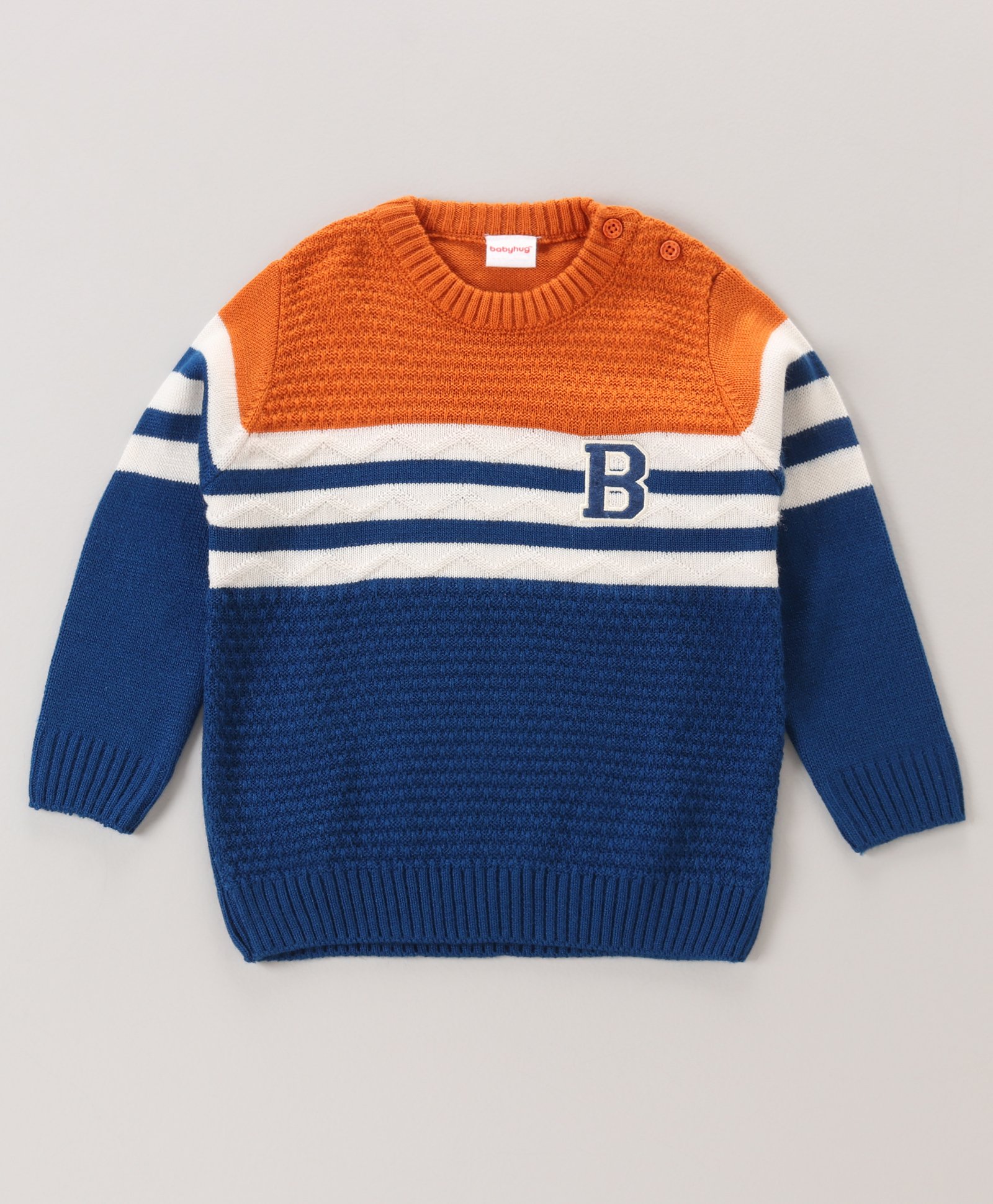 Babyhug Full Sleeves Pull Over Sweater Striped - Orange & Blue-image-6