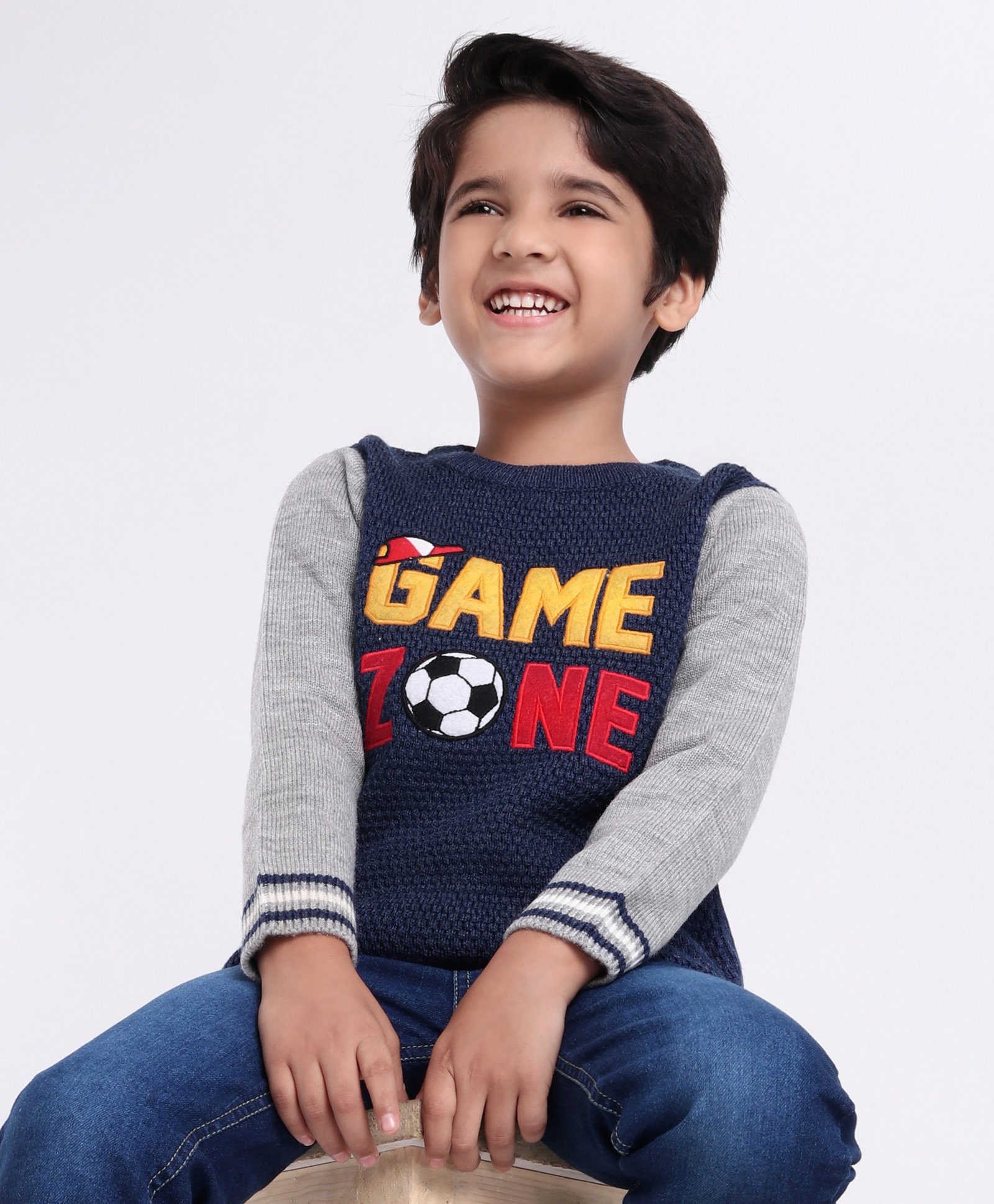 Babyhug Full Sleeves Pull Over Sweater Text Embroidery - Blue & Grey-image-40