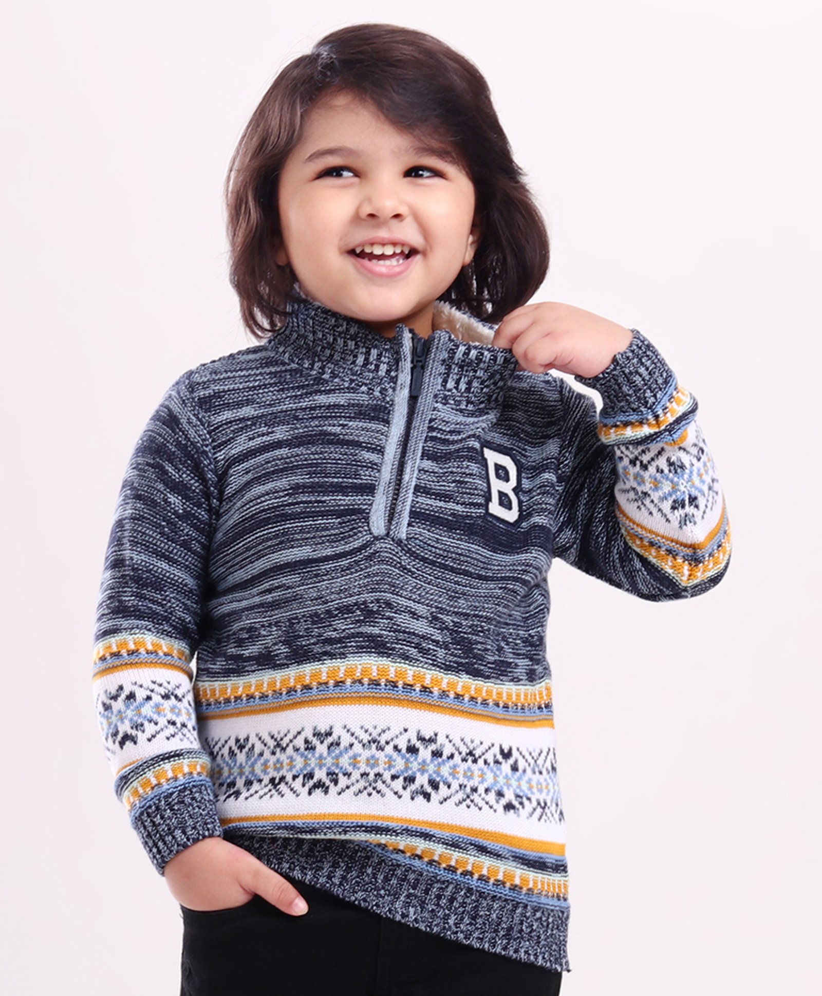 Babyhug Full Sleeves Jacquard Pullover Sweater With Badge - Navy-image-44