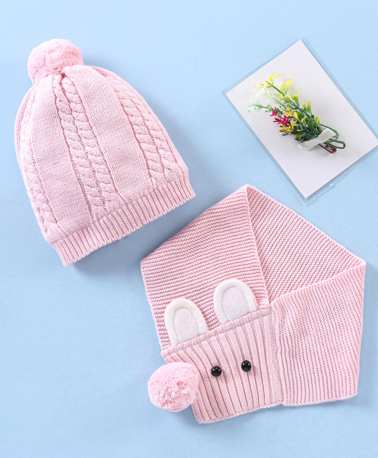 Babyhug Cotton Cap & Muffler Set Pink - Cap Diameter 10.5 cm