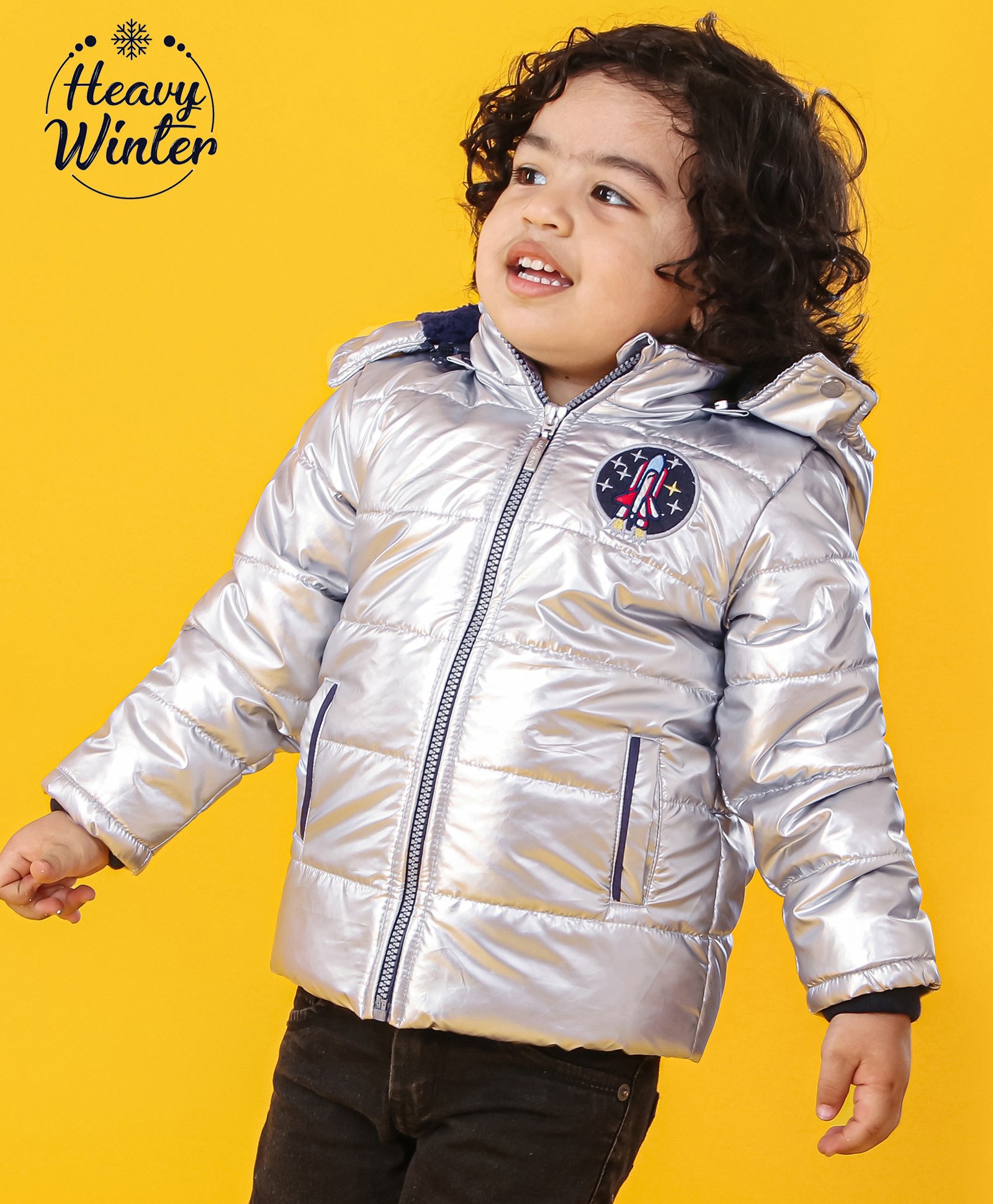 Babyoye Full Sleeves Padded Hooded Jacket Rocket Embroidery - Silver-image-7