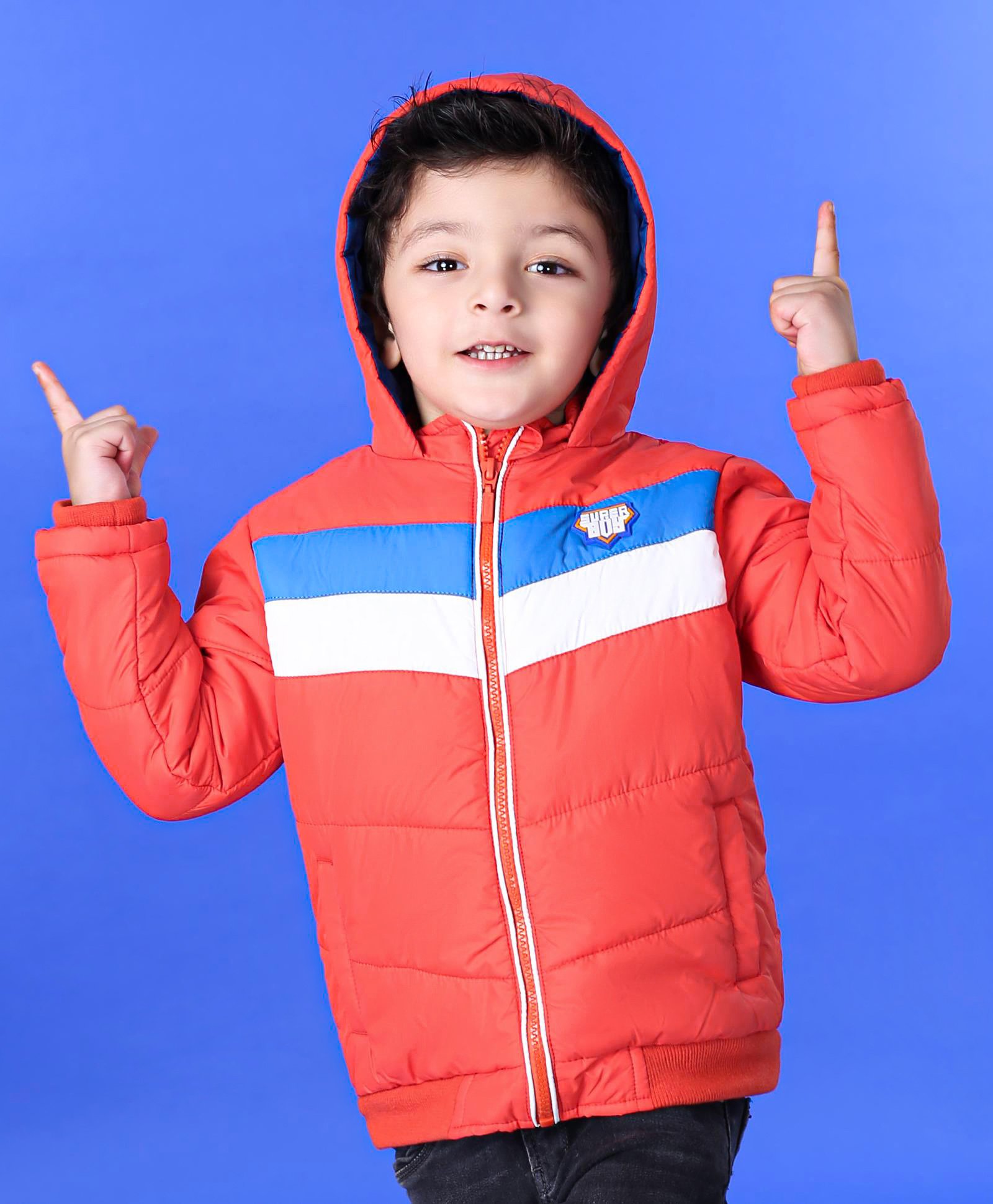 Babyhug Full Sleeves Hooded Jacket - Orange Blue & Off White-image-12
