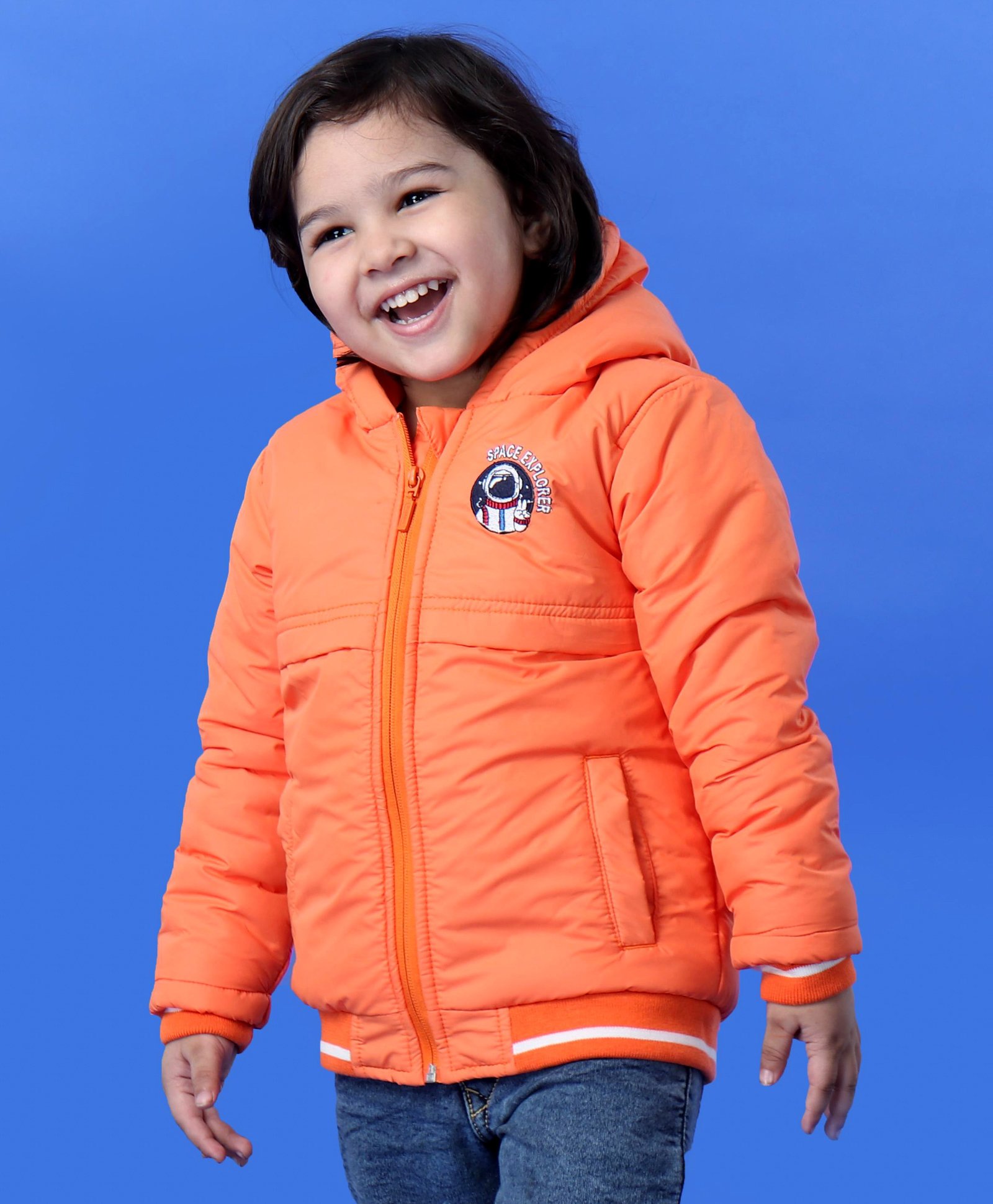 Babyhug Full Sleeves Hooded Jacket Space Embroidered - Orange-image-21