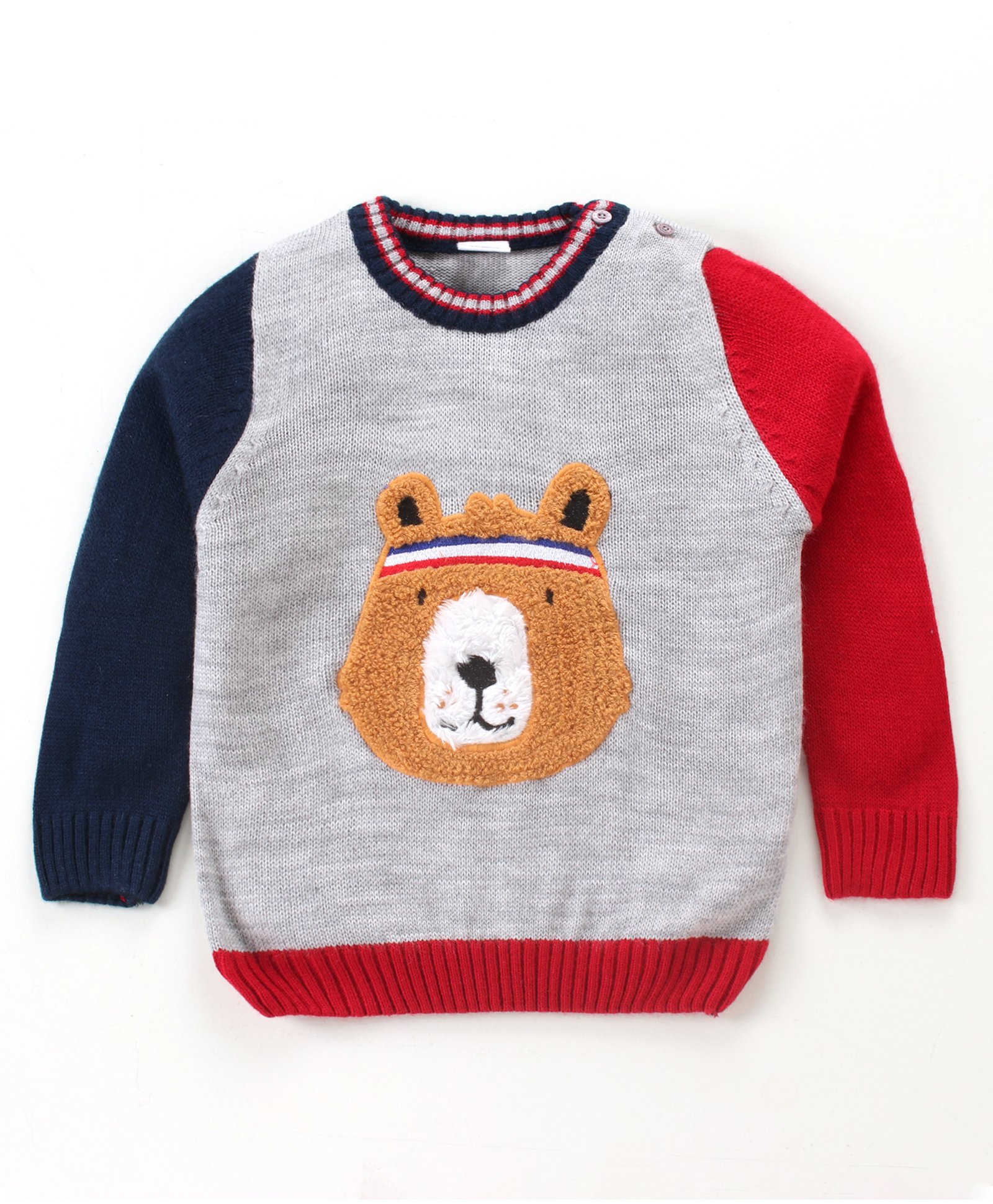 Babyhug Full Sleeves Pull Over Sweater with Bear Patch - Grey-image-22