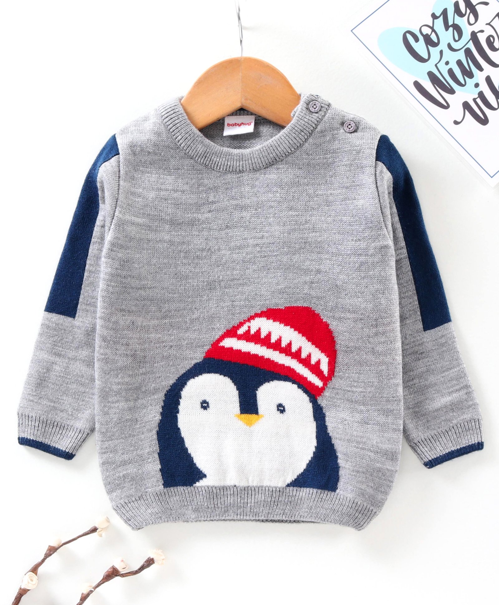 Babyhug Full Sleeves Pullover Sweater Penguin Print - Grey-image-36