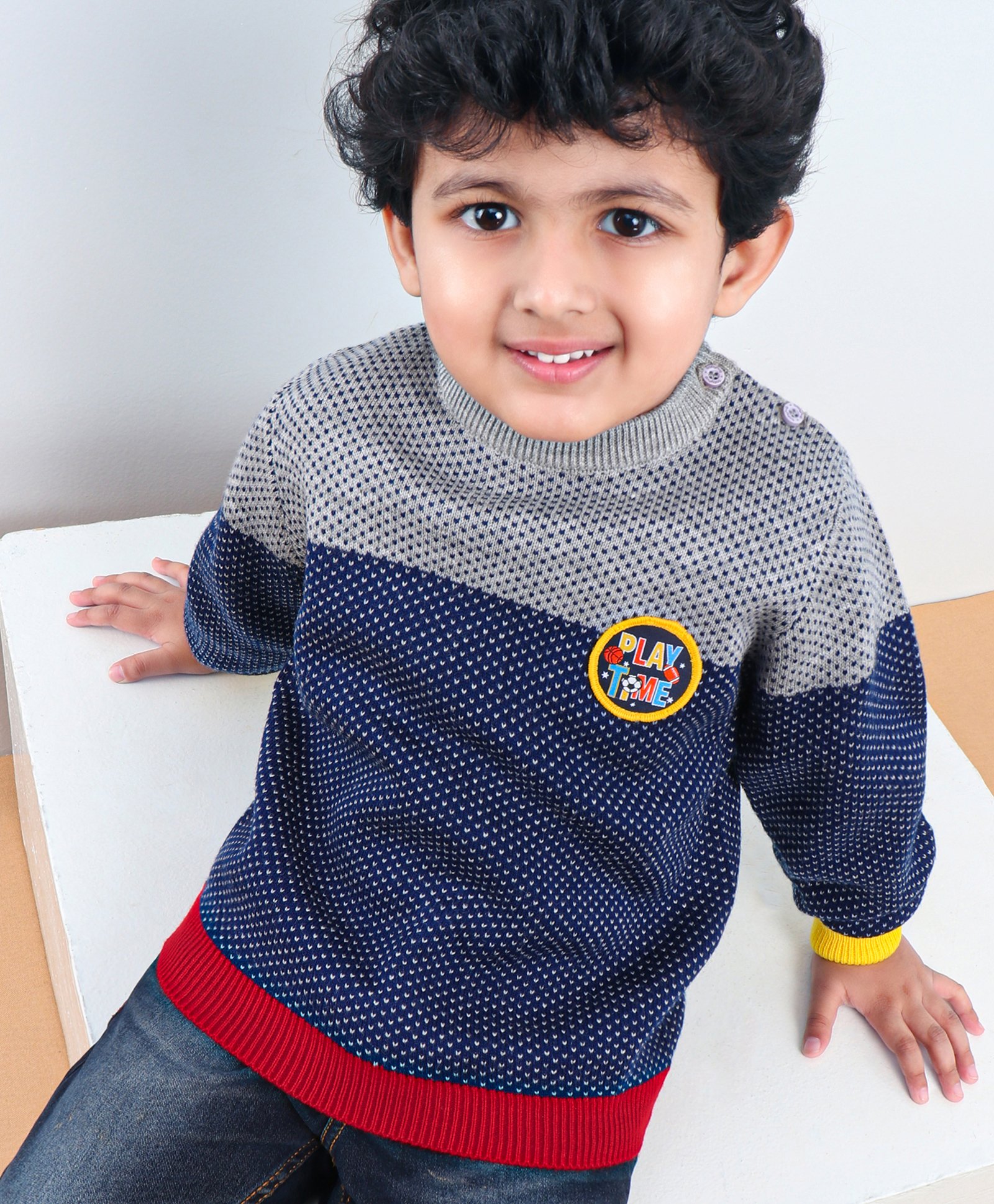 Babyhug Full Sleeves Color Block Sweater - Blue-image-25
