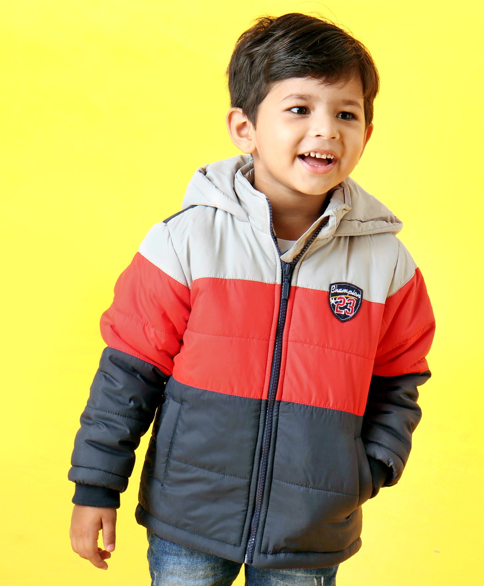 Babyhug Full Sleeves Hooded Padded Jacket - Red Grey-image-5