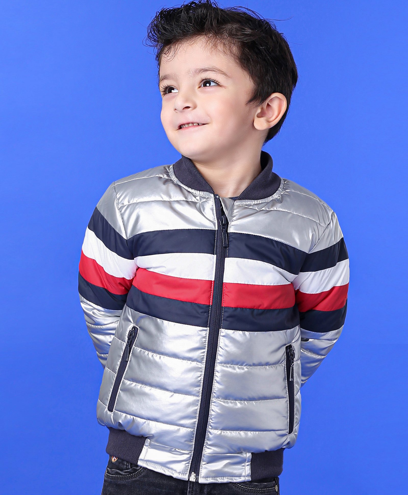 Babyhug Full Sleeves Bomber Block Jacket - Silver-image-8