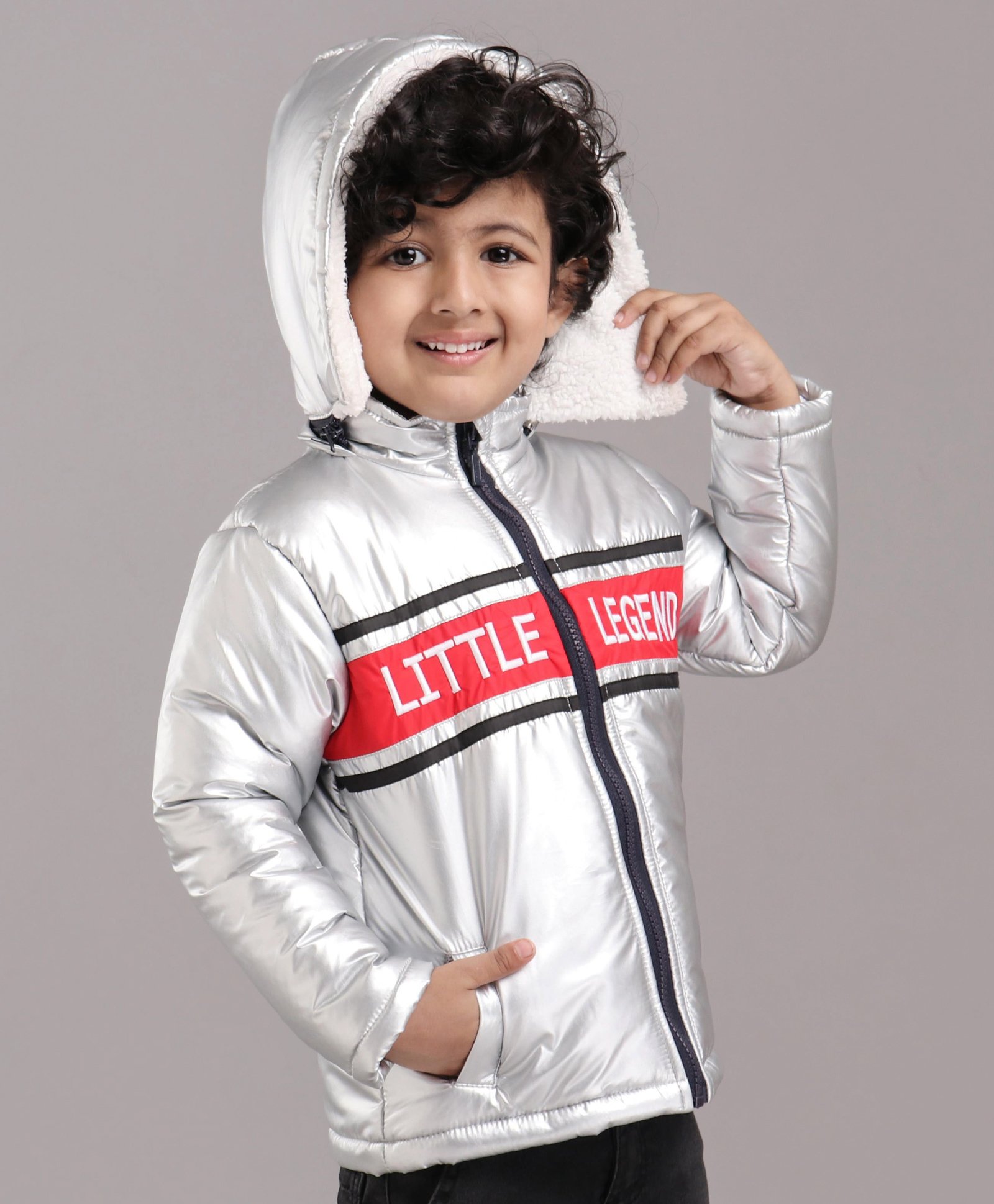 Babyhug Full Sleeves Hooded Metallic Jacket Little Legend Embroidery - Silver-image-47