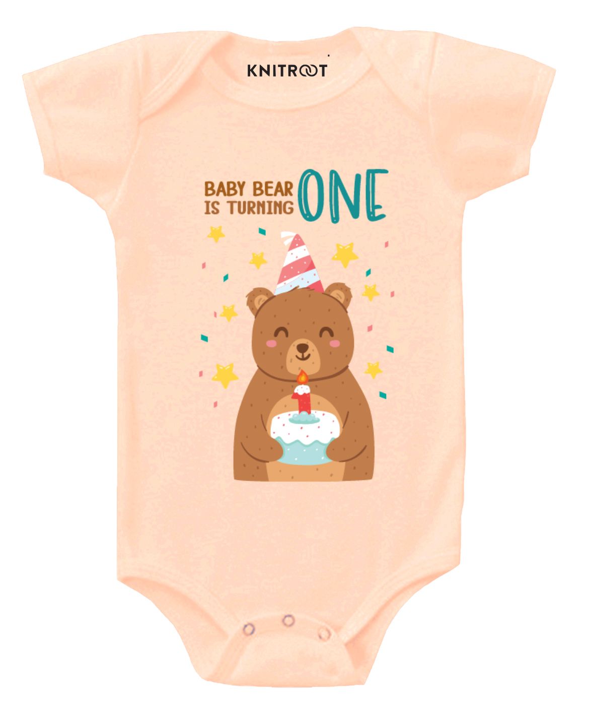 KNITROOT Short Sleeves Bear One Print Onesie - Peach-image-43