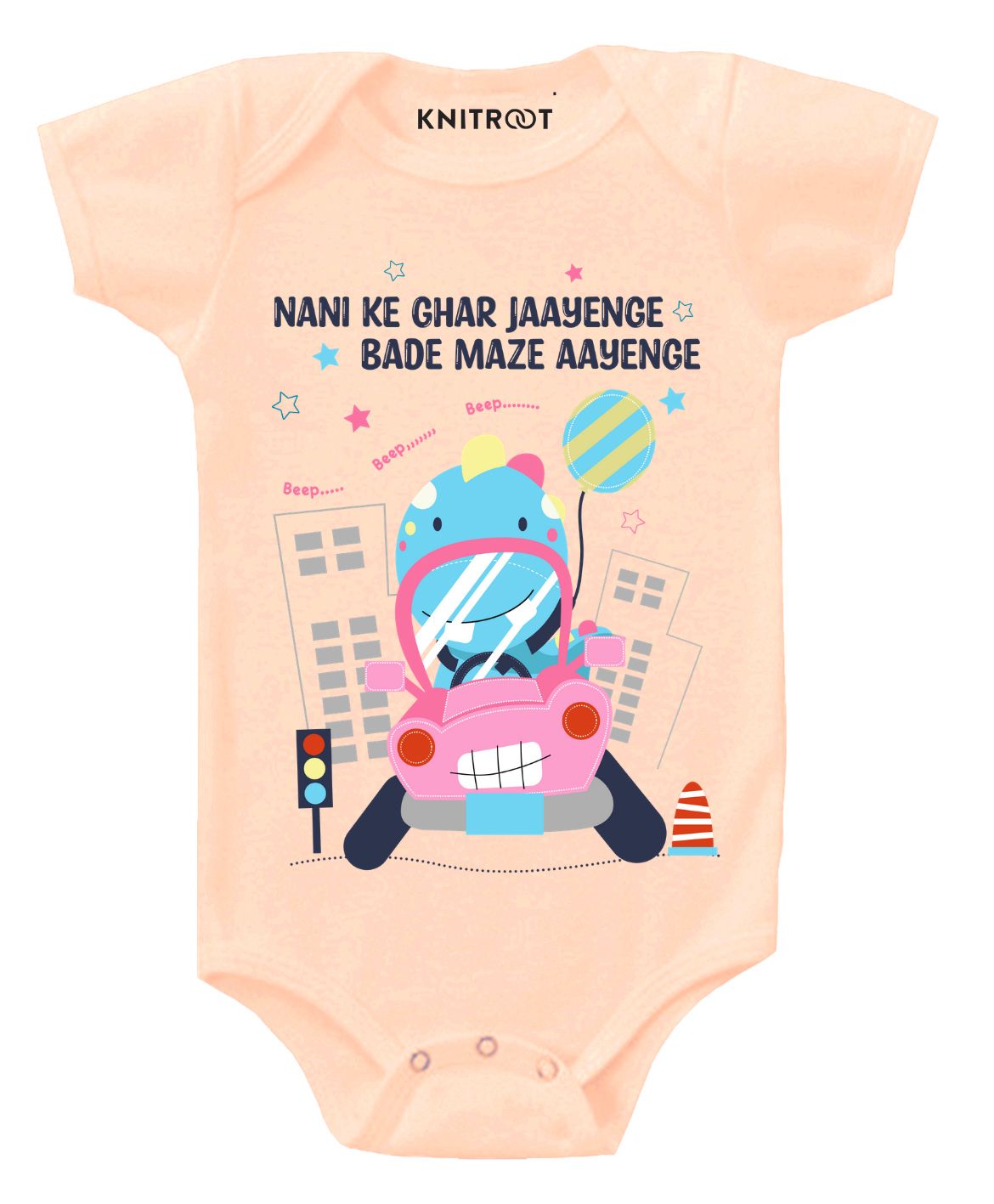 KNITROOT Short Sleeves Bade Maze Aayenge Print Onesie - Peach-image-5