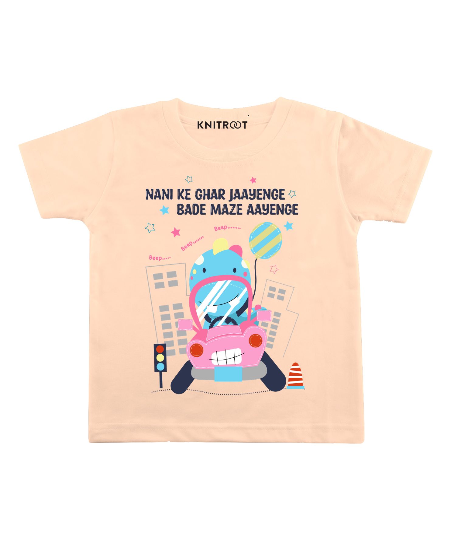 KNITROOT Half Sleeves Bade Maze Aayenge Print Tee - Peach-image-4