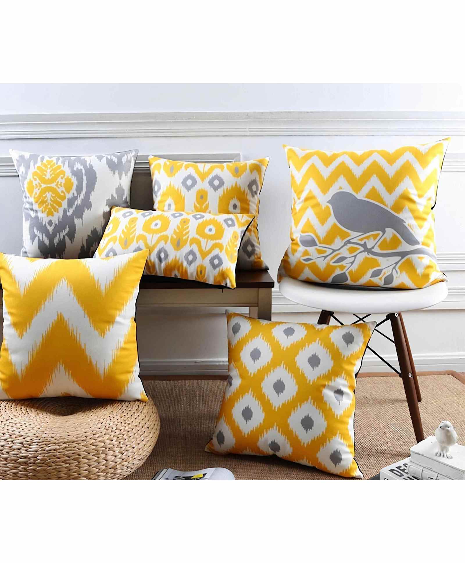 Elementary Premium Cotton Ikat Theme Cushion Covers Pack of 6 - Yellow-image-19