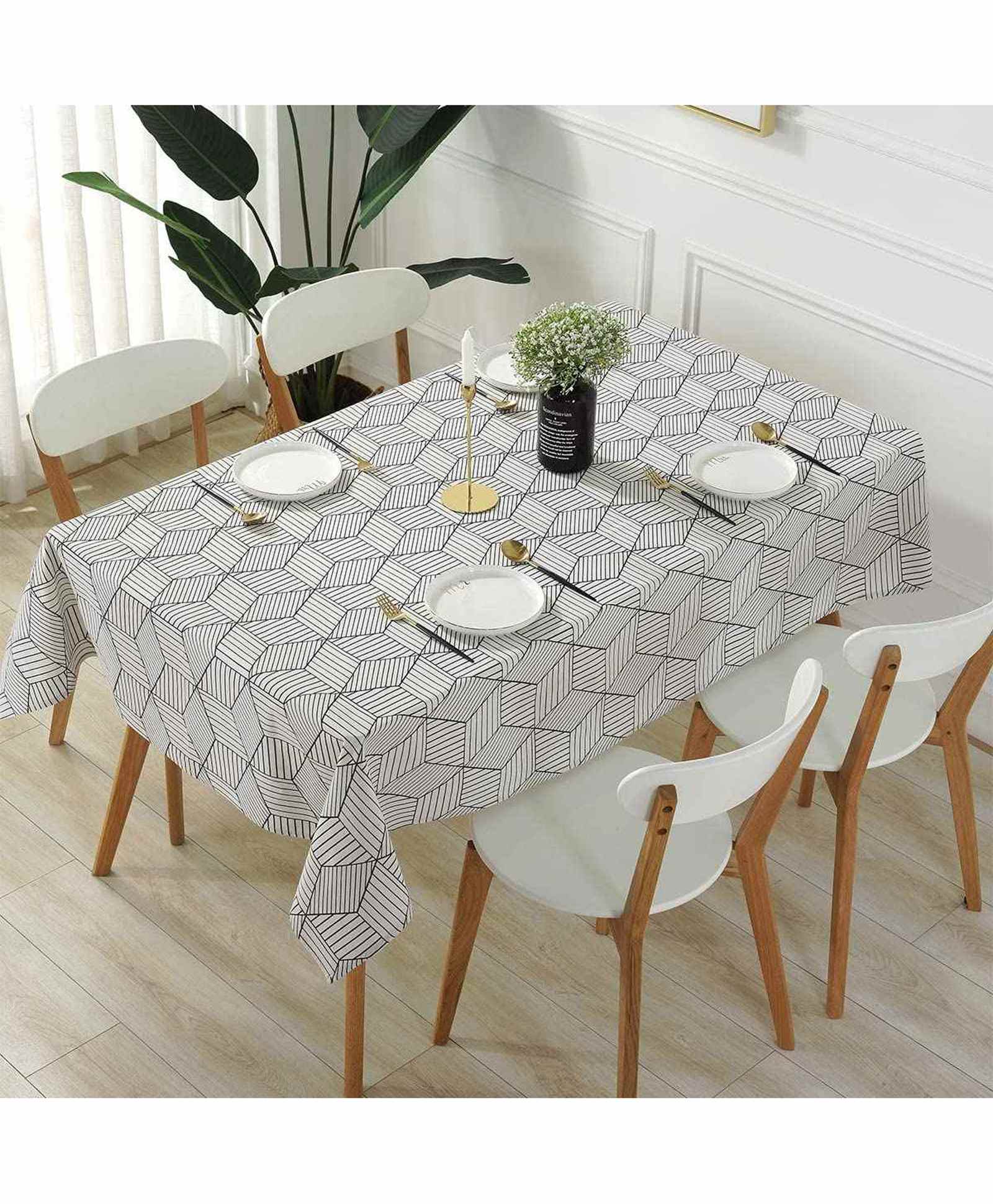 Elementary Printed Stripes 100% Cotton 4 Seater Tablecloth - Black White-image-45