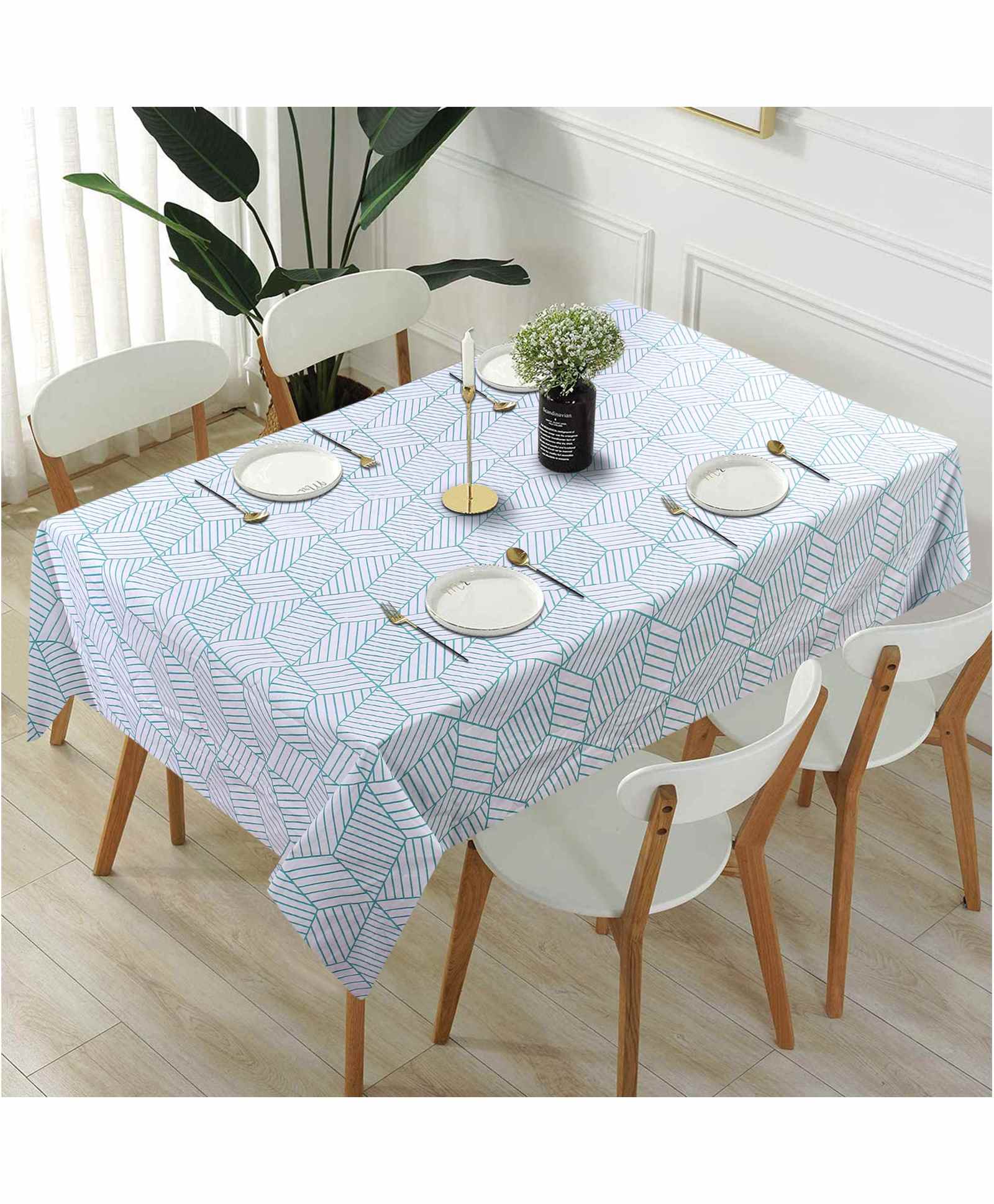 Elementary Printed Stripes 100% Cotton 4 Seater  Tablecloth - Sea Green-image-18