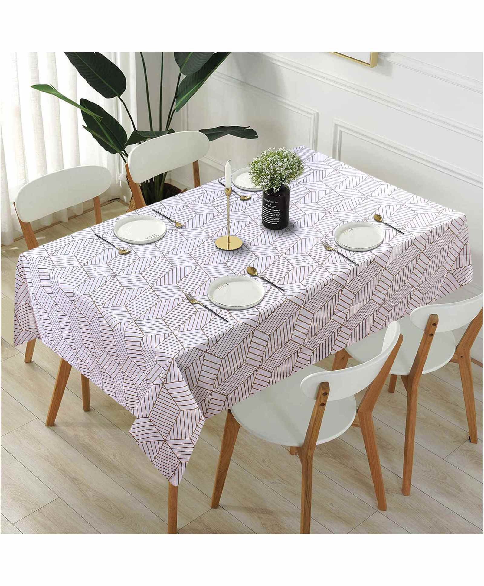 Elementary Printed Stripes 100% Cotton 4 Seater Tablecloth - Light Brown-picture-18