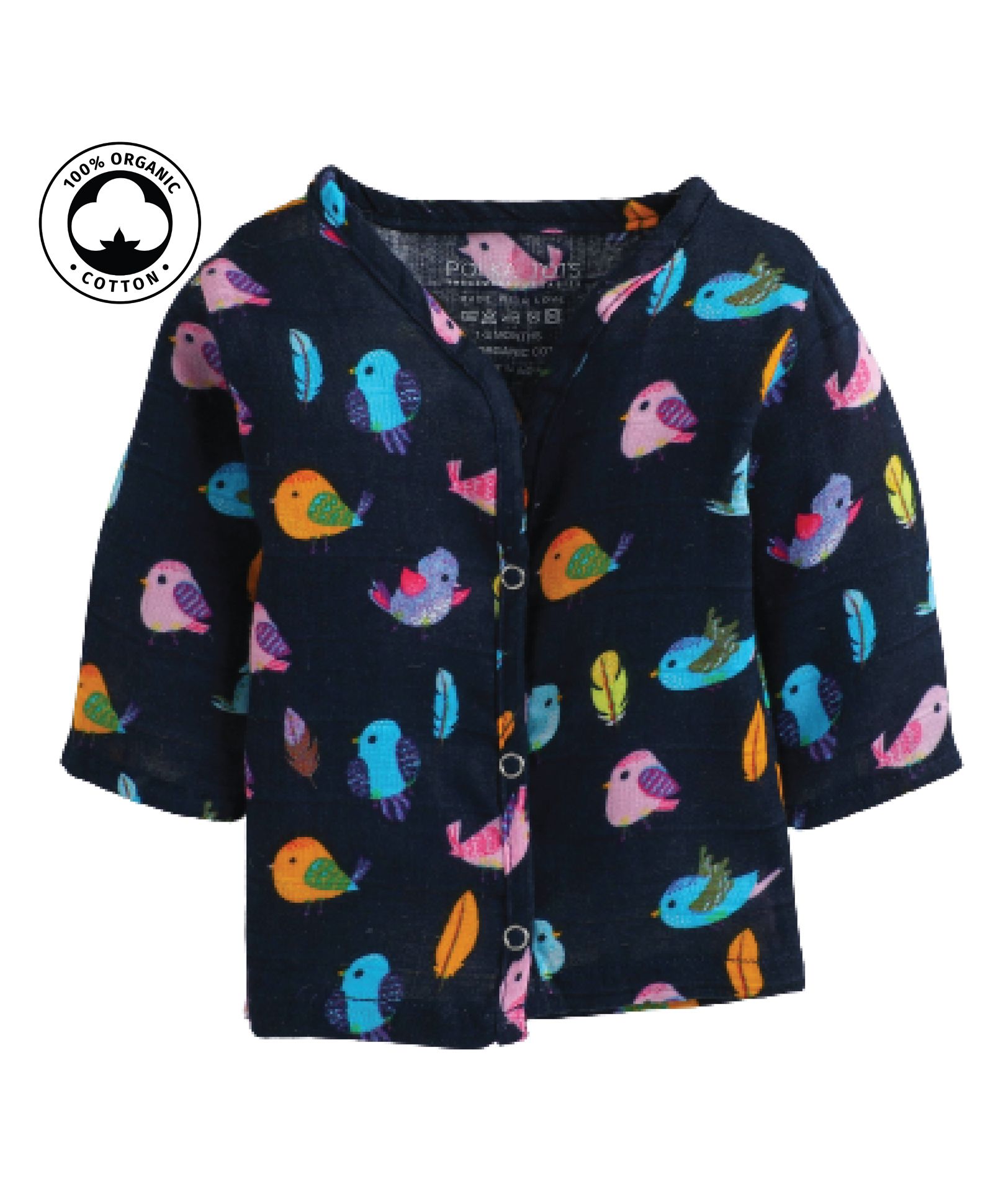 Polka Tots Organic Cotton Full Sleeves Bird Print Vest - Navy-image-19