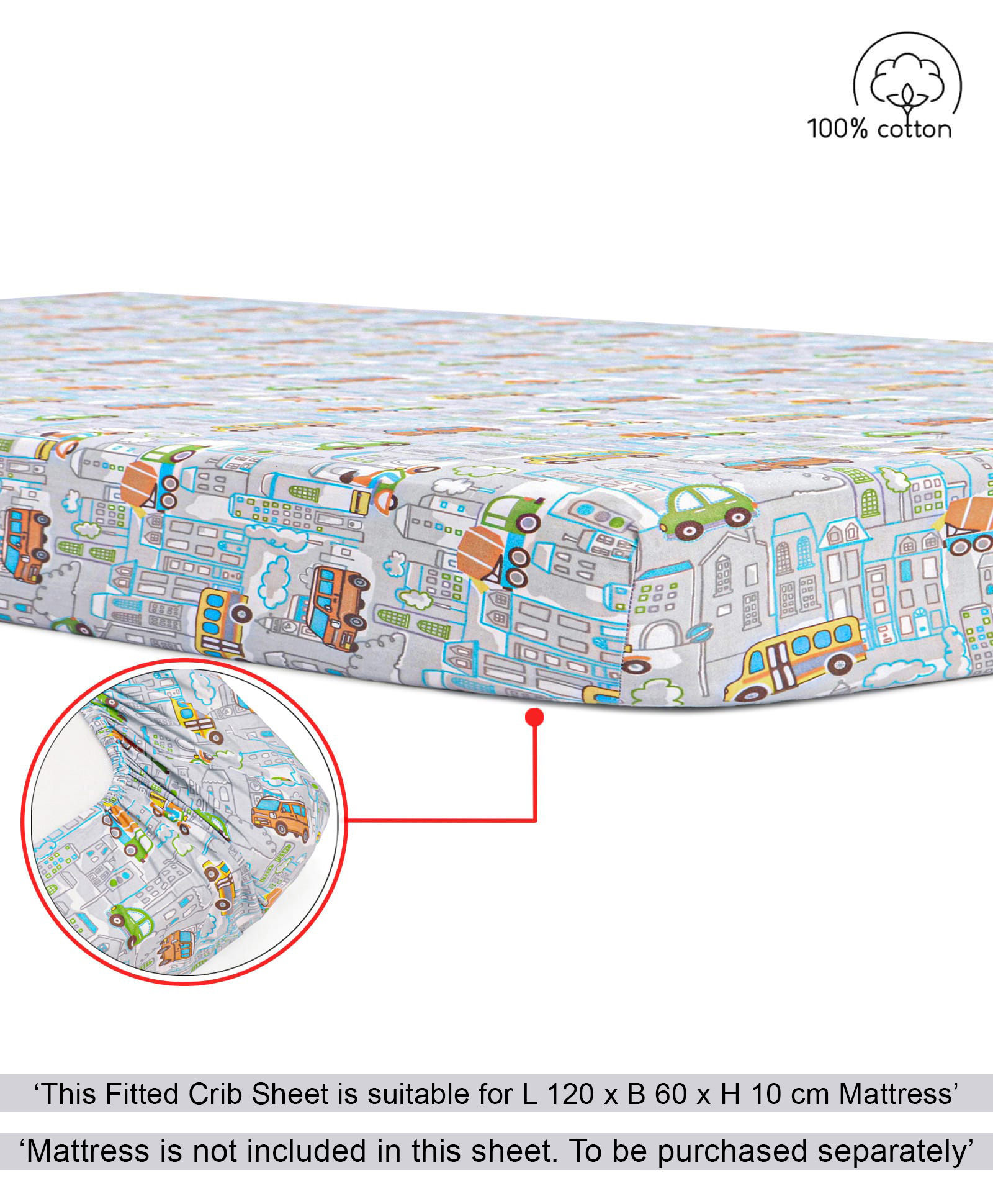 Babyhug Premium 100% Cotton Fitted Crib Sheet Transport Print Small - Blue