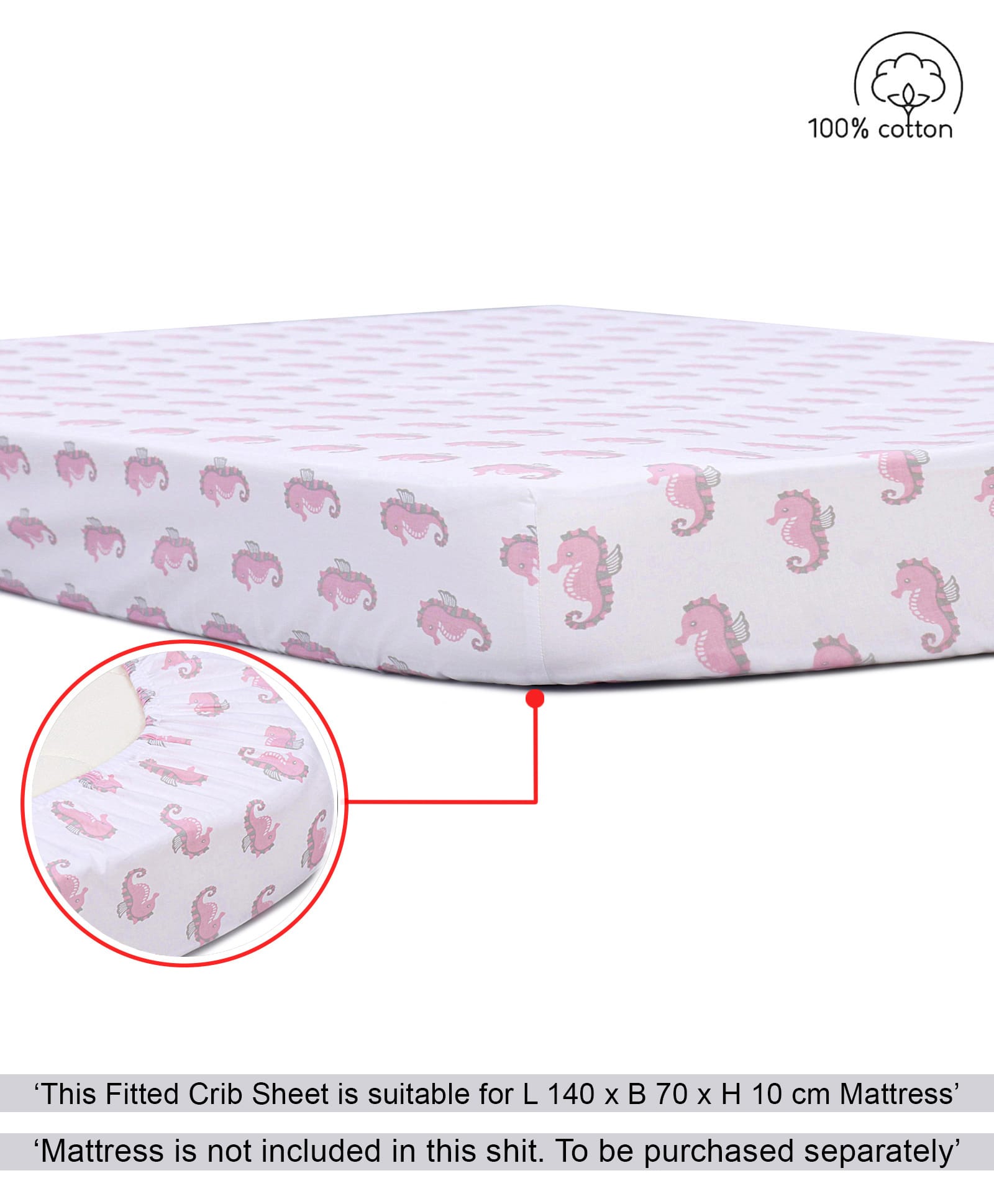 Babyhug Premium 100% Cotton Fitted Crib Sheet Seahorse Print Large - White & Pink-picture-24