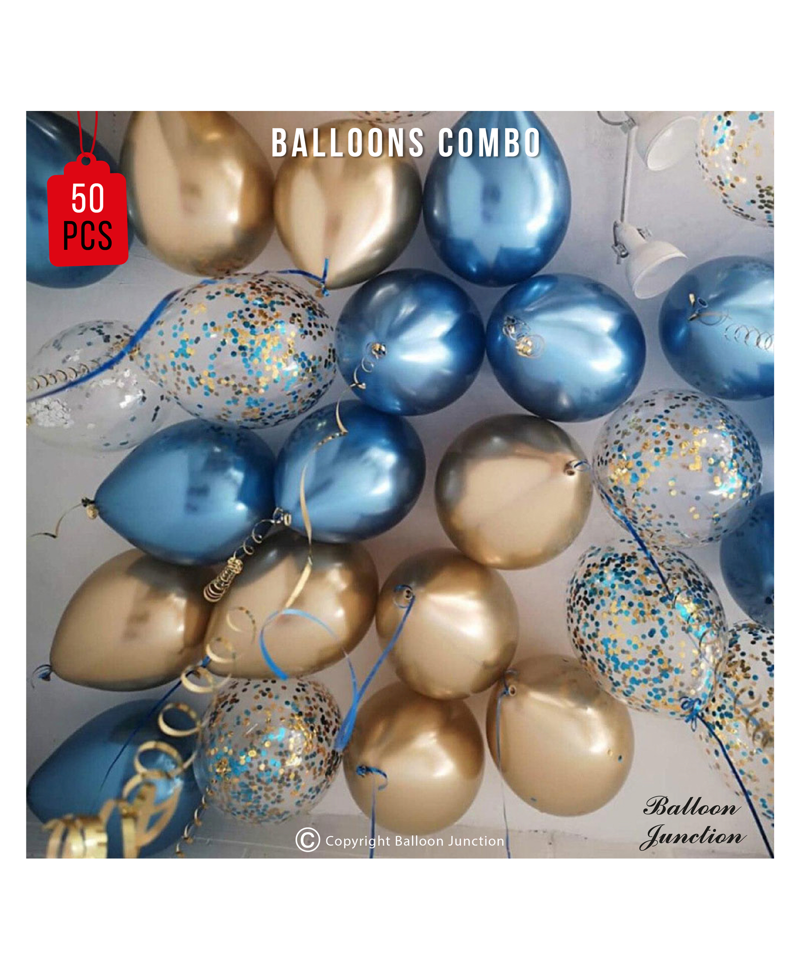 Balloon Junction Metallic & Confetti Balloon Combo Gold Blue - Pack of 50-image-36