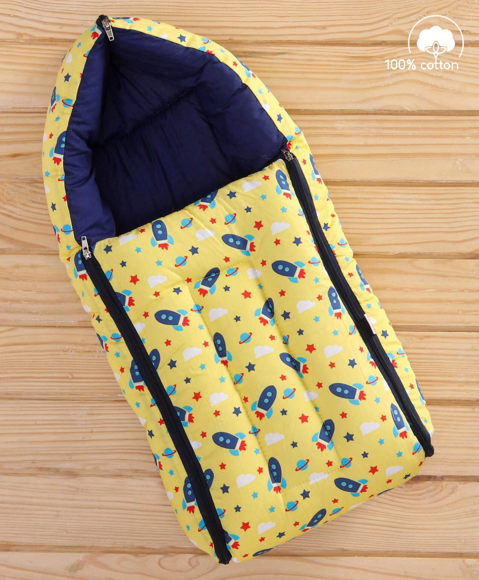 Babyhug 100% Cotton Sleeping Bag cum Carry Nest Space Print - Yellow-image-45