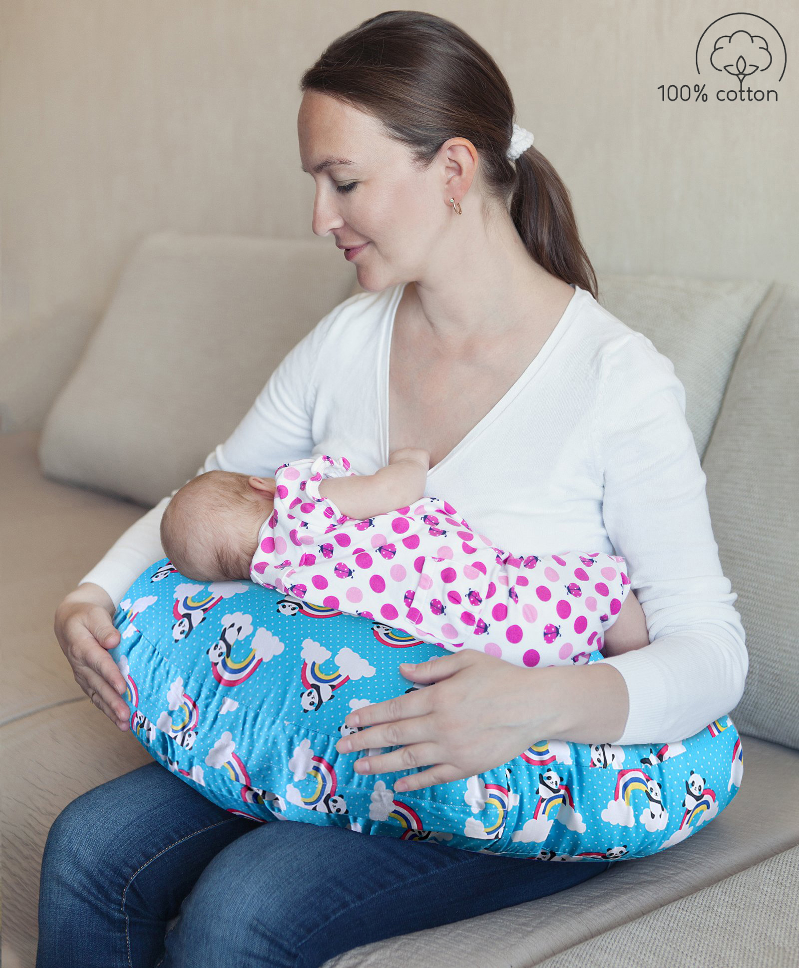 Babyhug 100% Cotton Feeding Pillow Panda & Rainbow Print - Blue-image-1