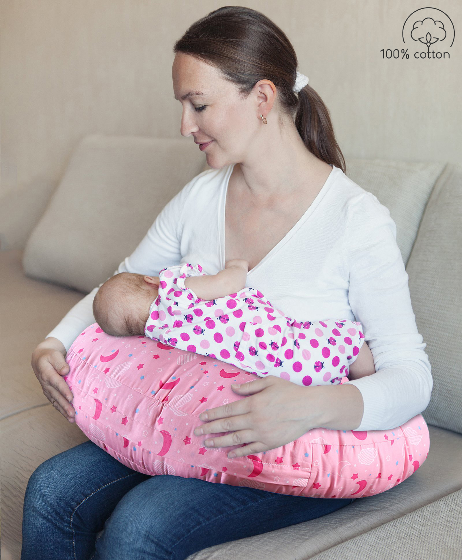Babyhug 100% Cotton Feeding Pillow Moon Print - Pink-image-20