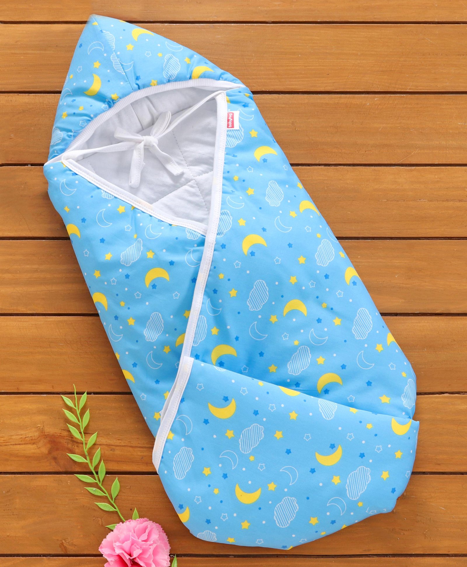 Babyhug 100% Cotton Hooded Quilted Wrapper Moon Print - Blue-image-14