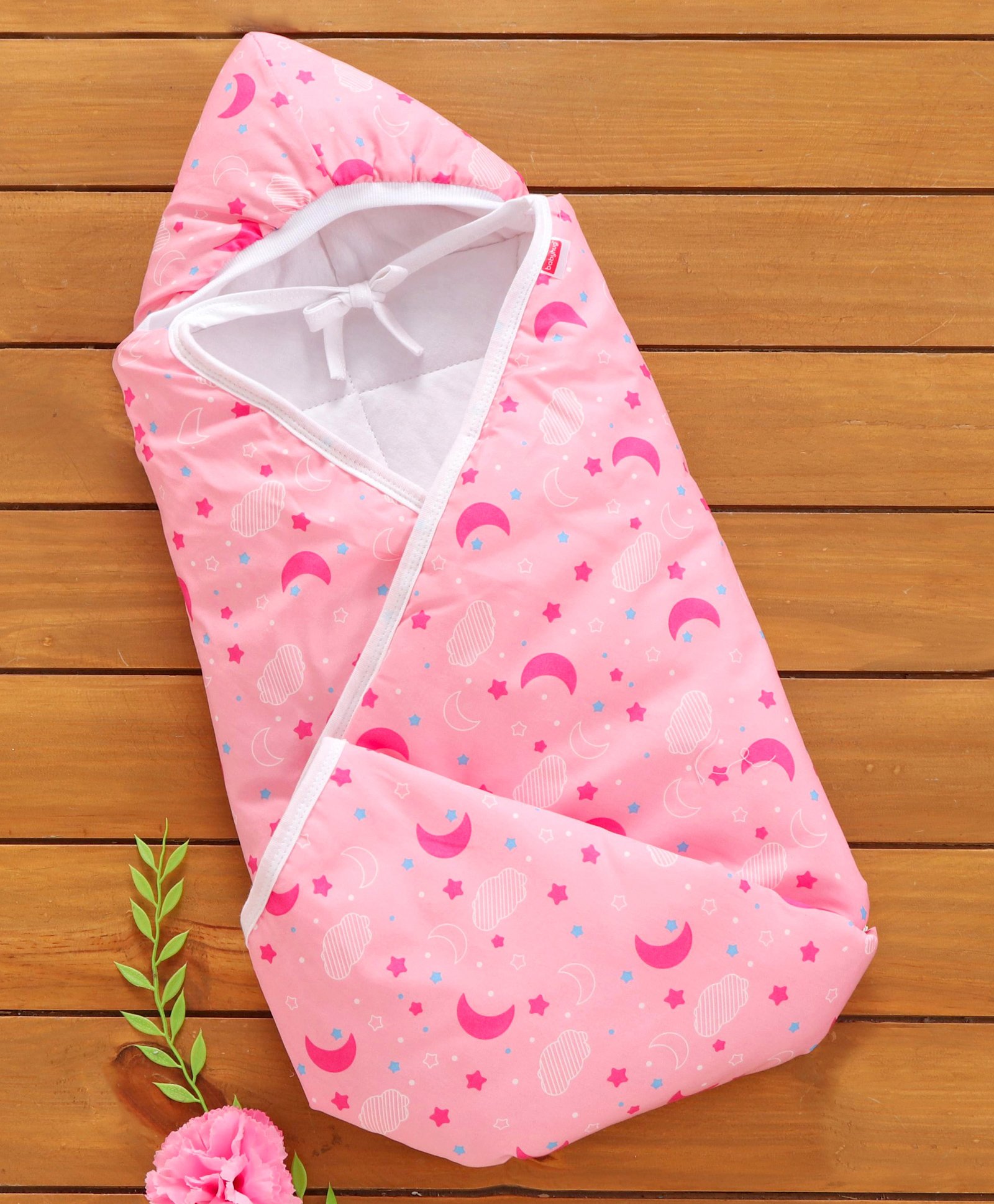 Babyhug 100% Cotton Hooded Quilted Wrapper Moon Print - Pink-image-15