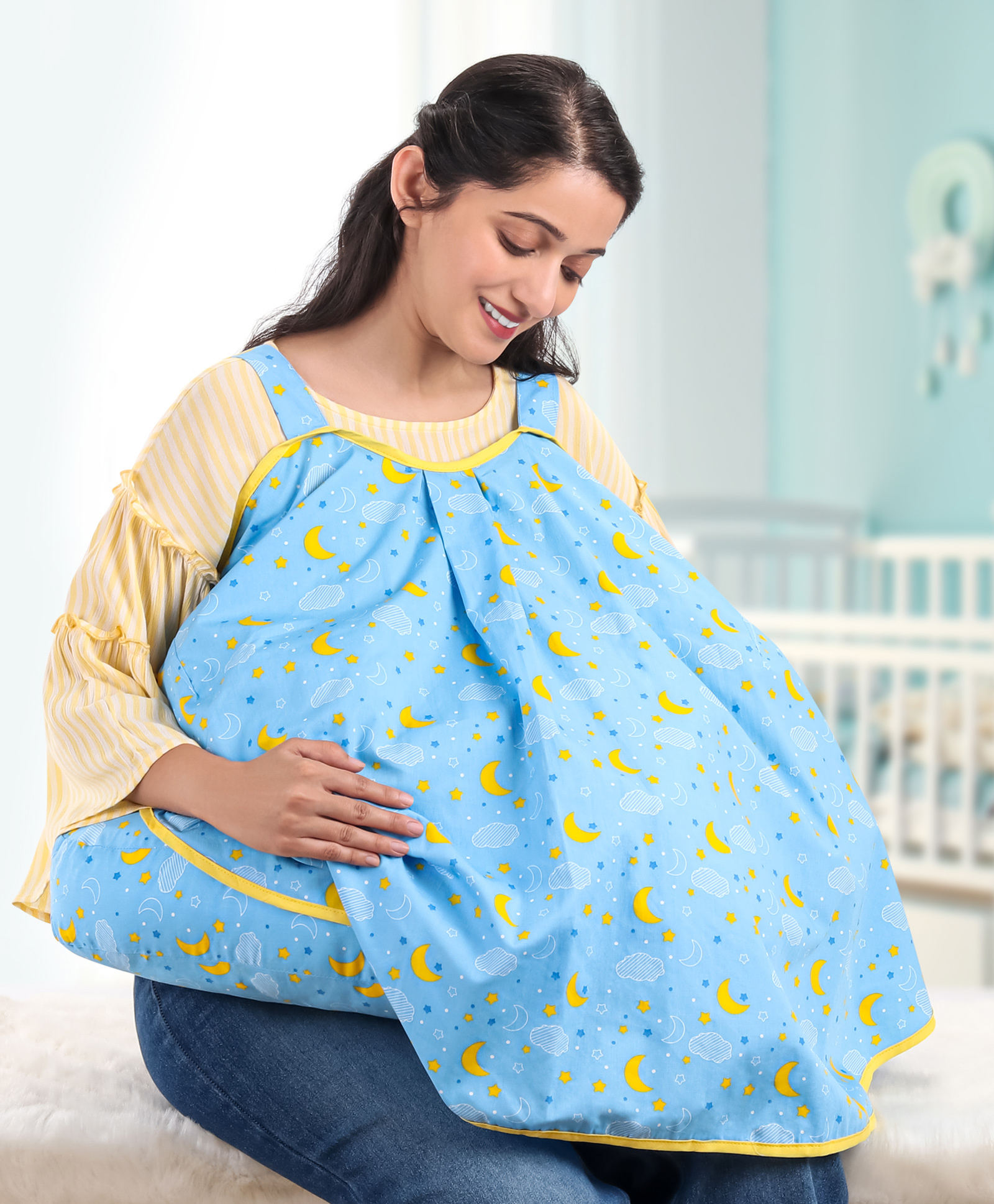 Babyhug 100% Cotton Feeding Pillow with Nursing Cape Moon Print - Blue-image-30