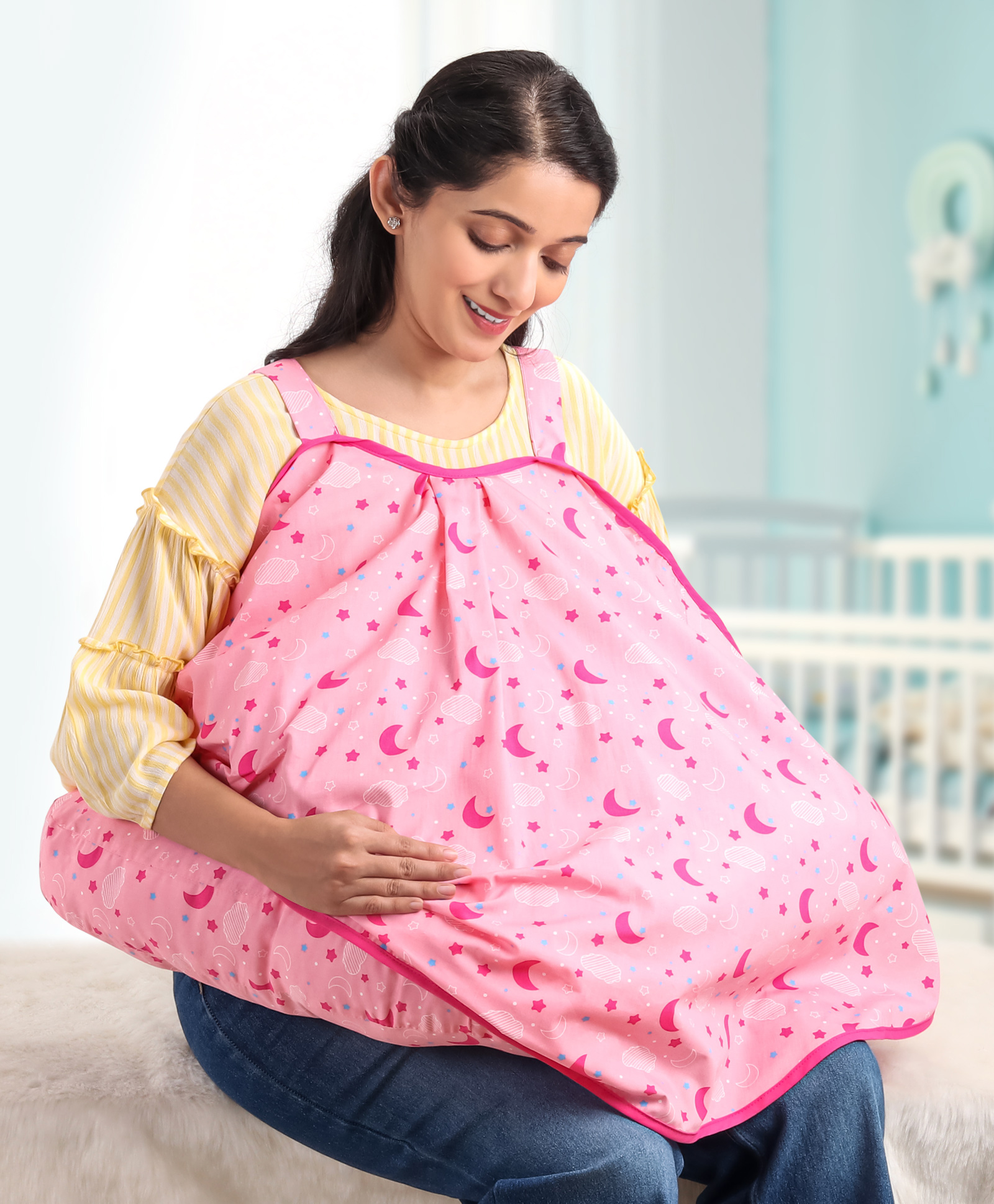 Babyhug 100% Cotton Feeding Pillow with Nursing Cape Moon Print - Pink-image-34