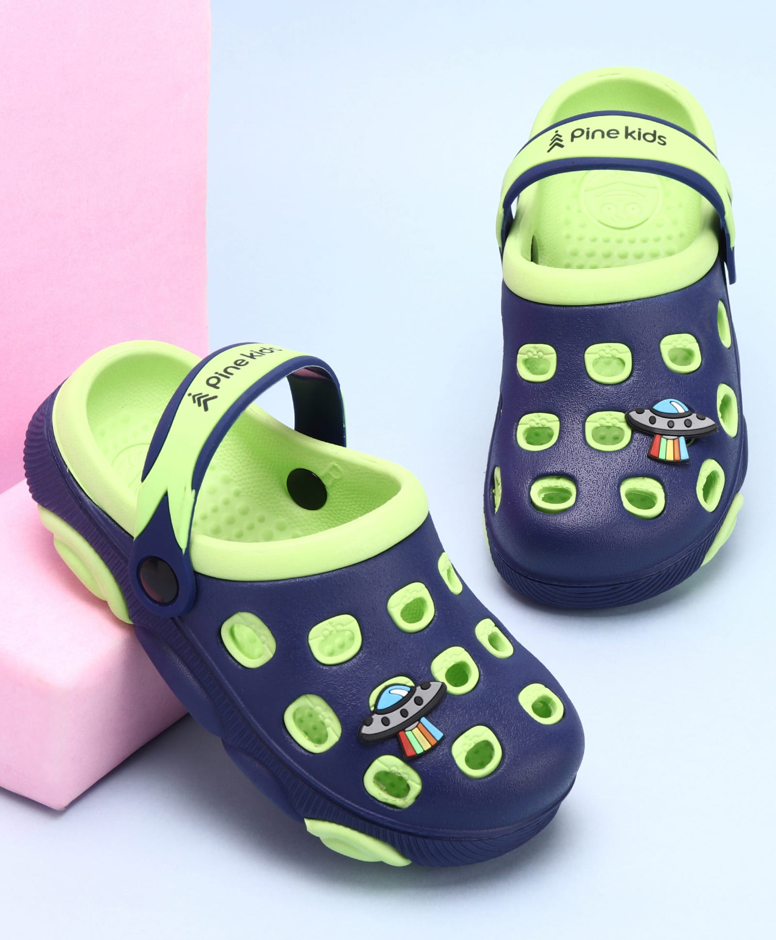 Pine Kids Clogs with Back Strap Closure & UFO Applique - Navy Blue