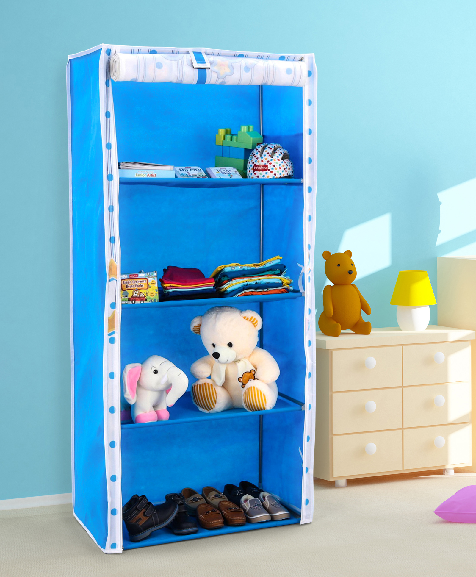 fab n funky Single Door Multipurpose Collapsible Wardrobe with 4 Layer - Blue-picture-13