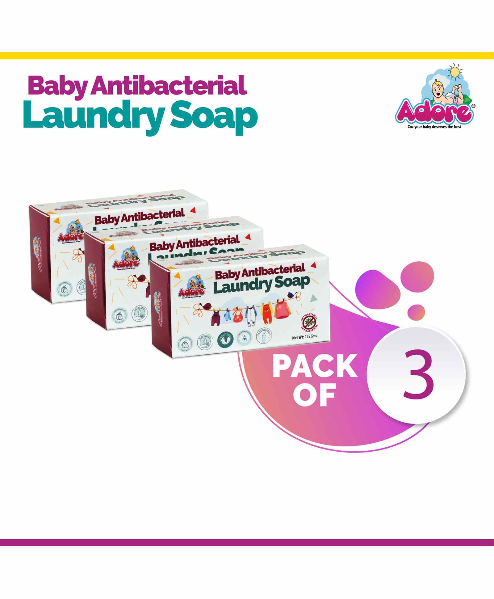 Adore Baby Anti-bacterial Laundry Soap Pack of 3 Pieces - 125 gm Each-picture-15