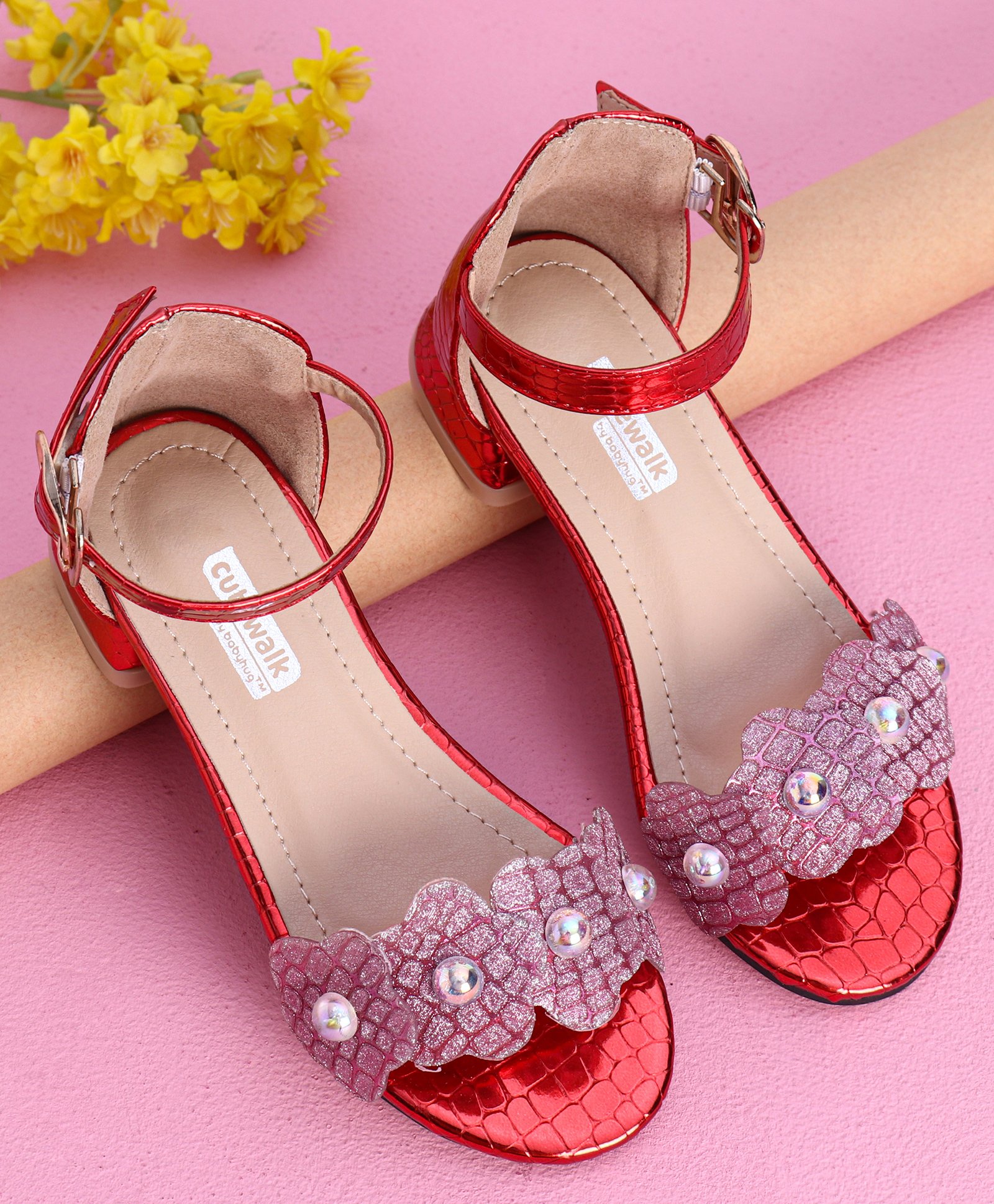 Cute Walk by Babyhug Sandals With Studded Pearls - Red-picture-18