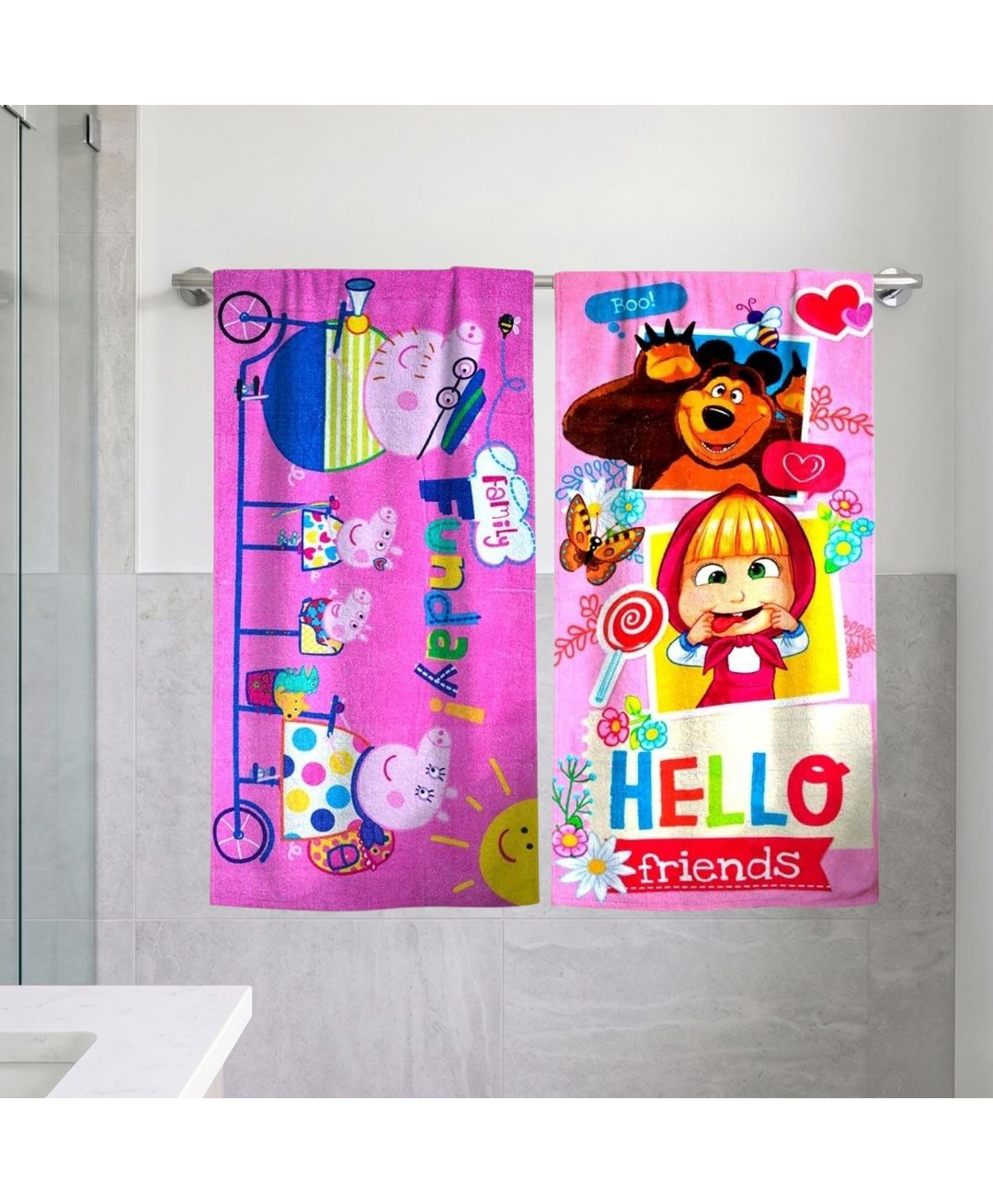 Athom Trendz Peppa Pig & Masha and The Bear Kids Bath Towel Pack of 2 - Multicolour-picture-41