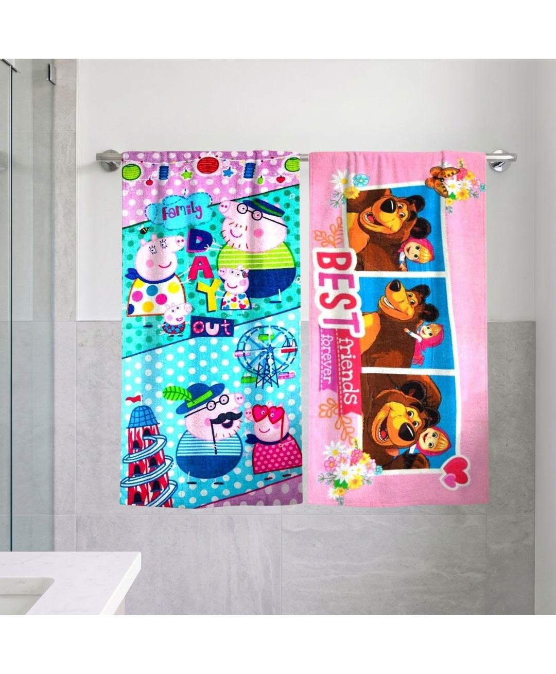 Athom Trendz Peppa Pig & Masha and The Bear Kids Bath Towel Pack of 2 - Multicolour-picture-25