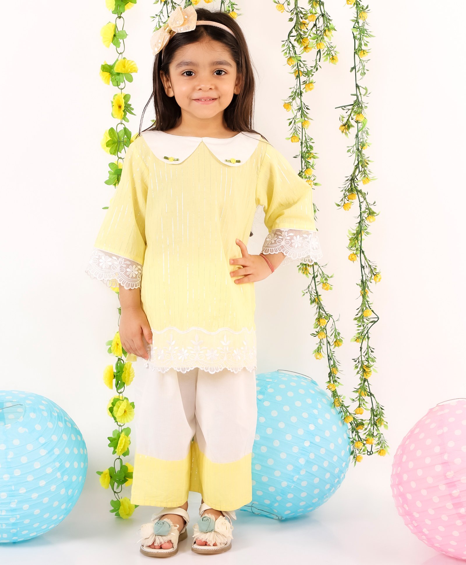 Little Bansi Three Fourth Sleeves Floral Lace Detailed Kurta With Pants - Yellow-image-7