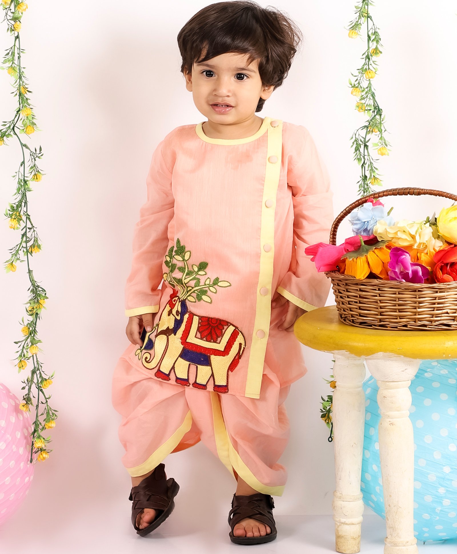 Little Bansi Full Sleeves Elephant Embroidered Kurta With Dhoti - Peach-picture-46