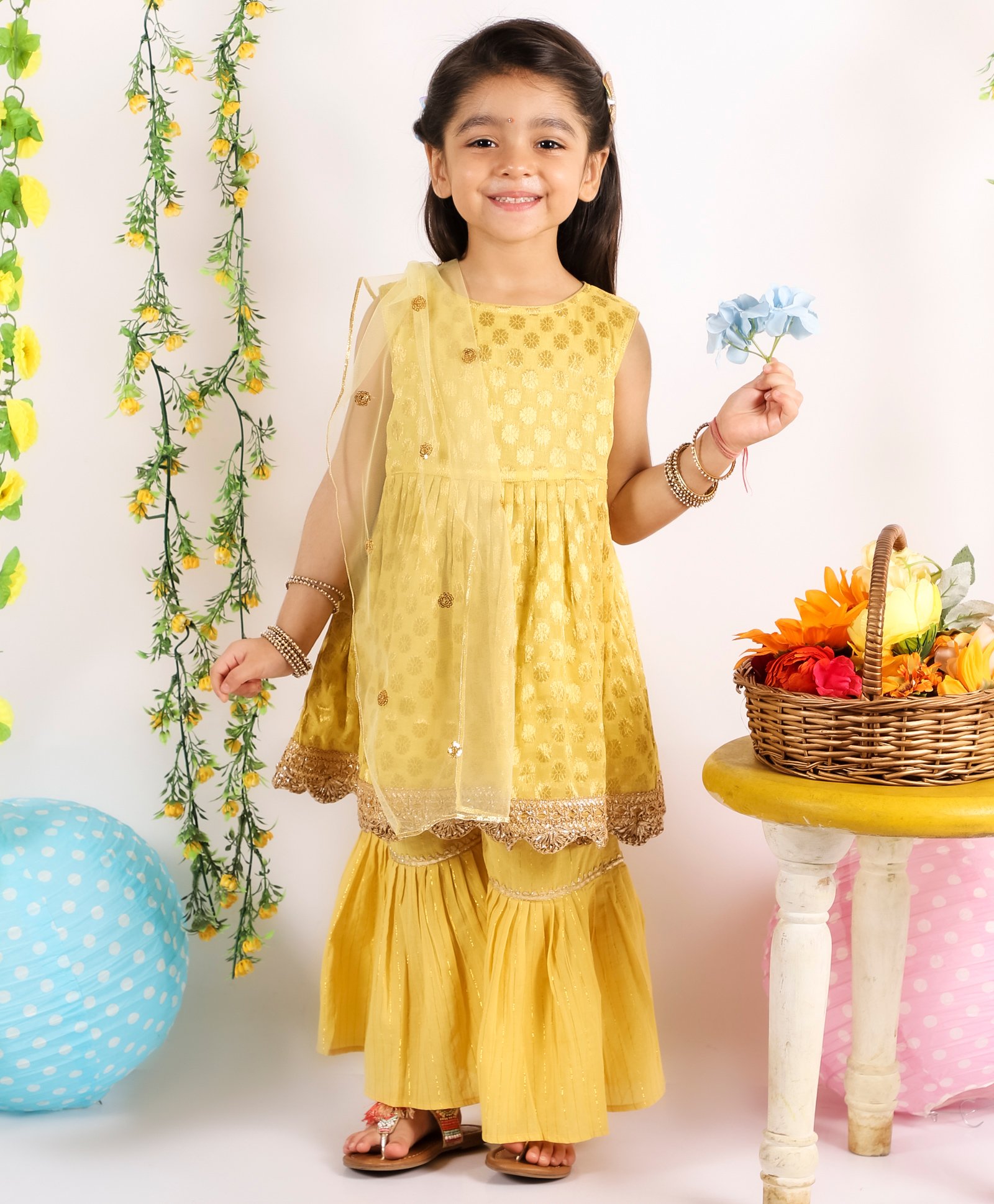 Little Bansi Sleeveless Banarsi Style Kurti With Flared Sharara Pants & Dupatta - Yellow-picture-6